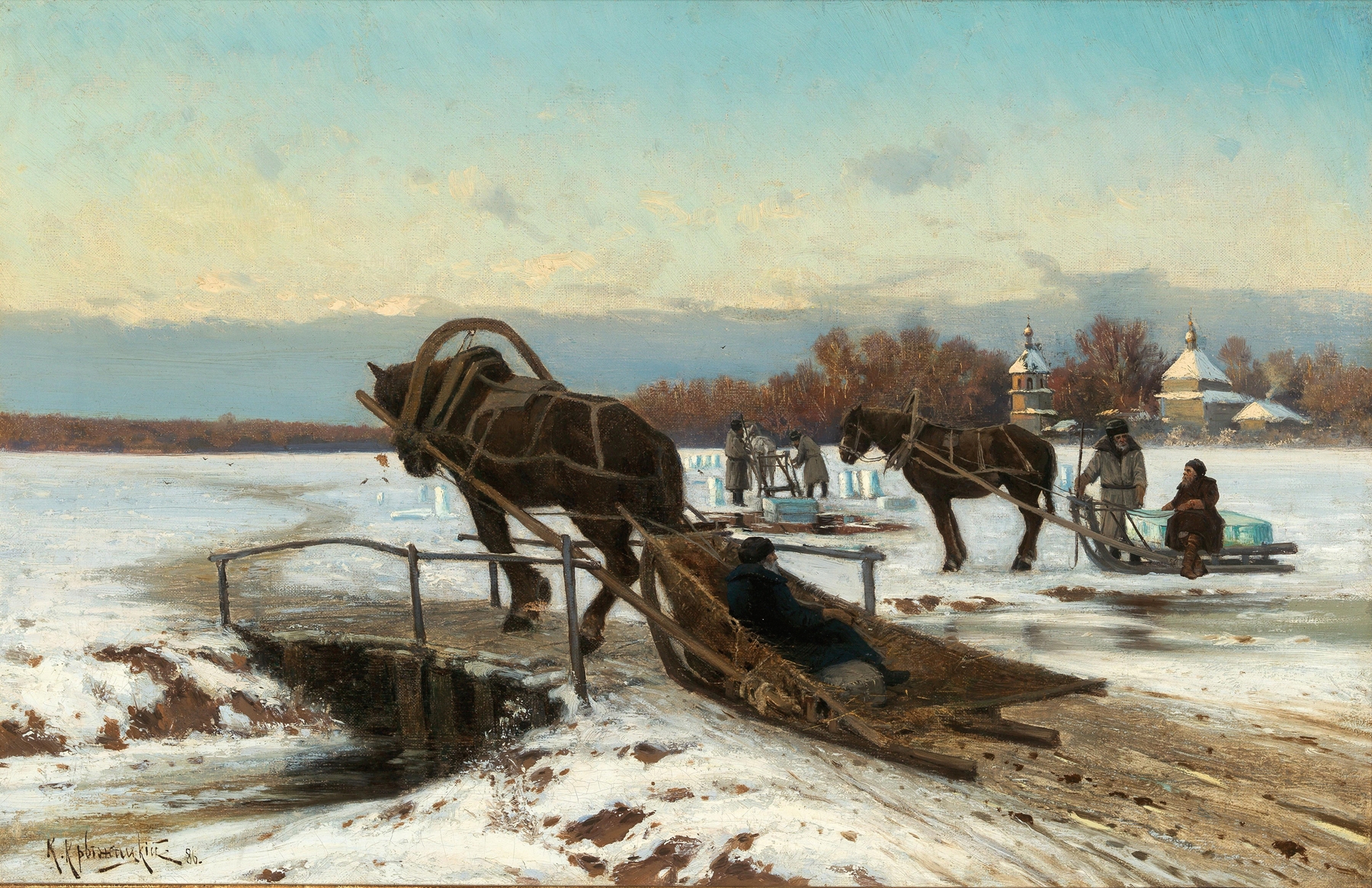 Ice cutting scene in afternoon light, oil painting by Konstantin Yakovlevich Kryzhitsky