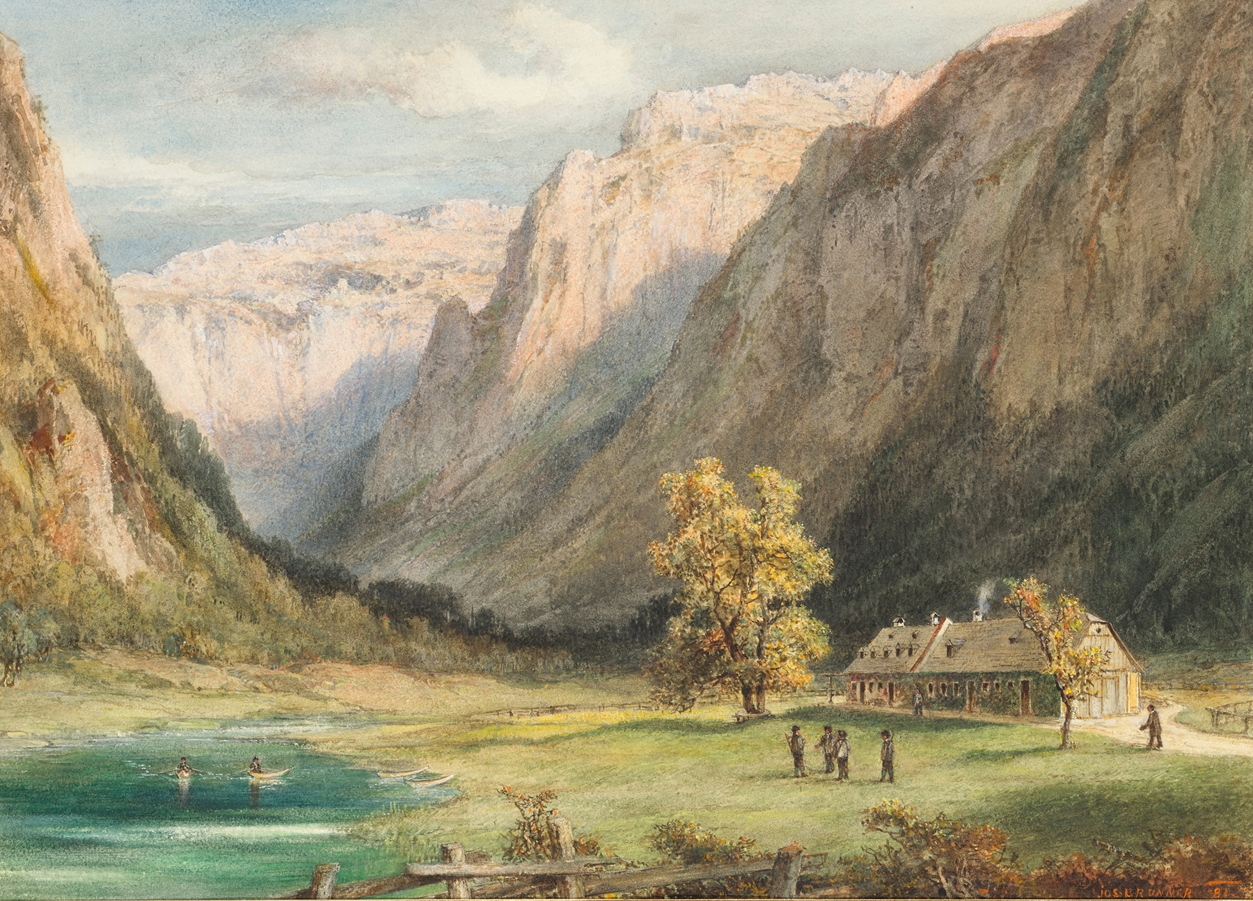 Jagdhaus in Brunn by Joseph Brunner, oil on canvas depicting a hunting lodge in a forest