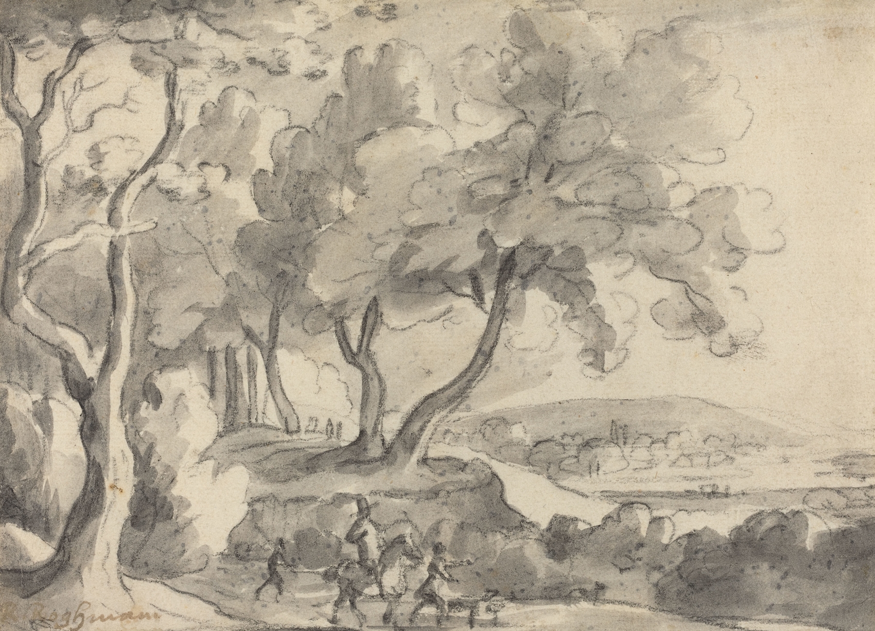 Horseman and Attendants at the Edge of a Wood by Roelant Roghman, oil painting depicting a horseman in a forest.