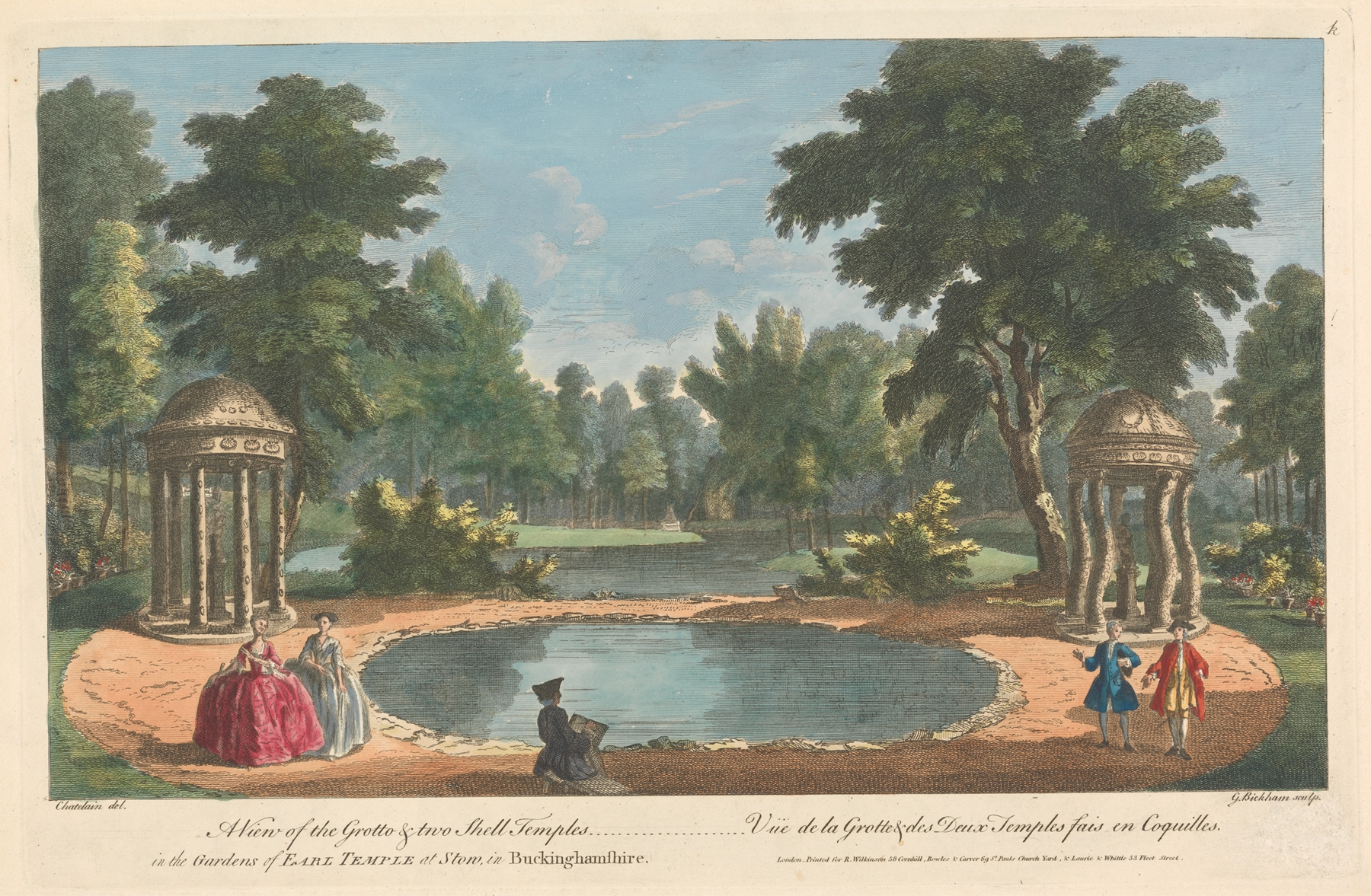 Engraving by George Bickham the Elder depicting a garden with a grotto and shell temples.