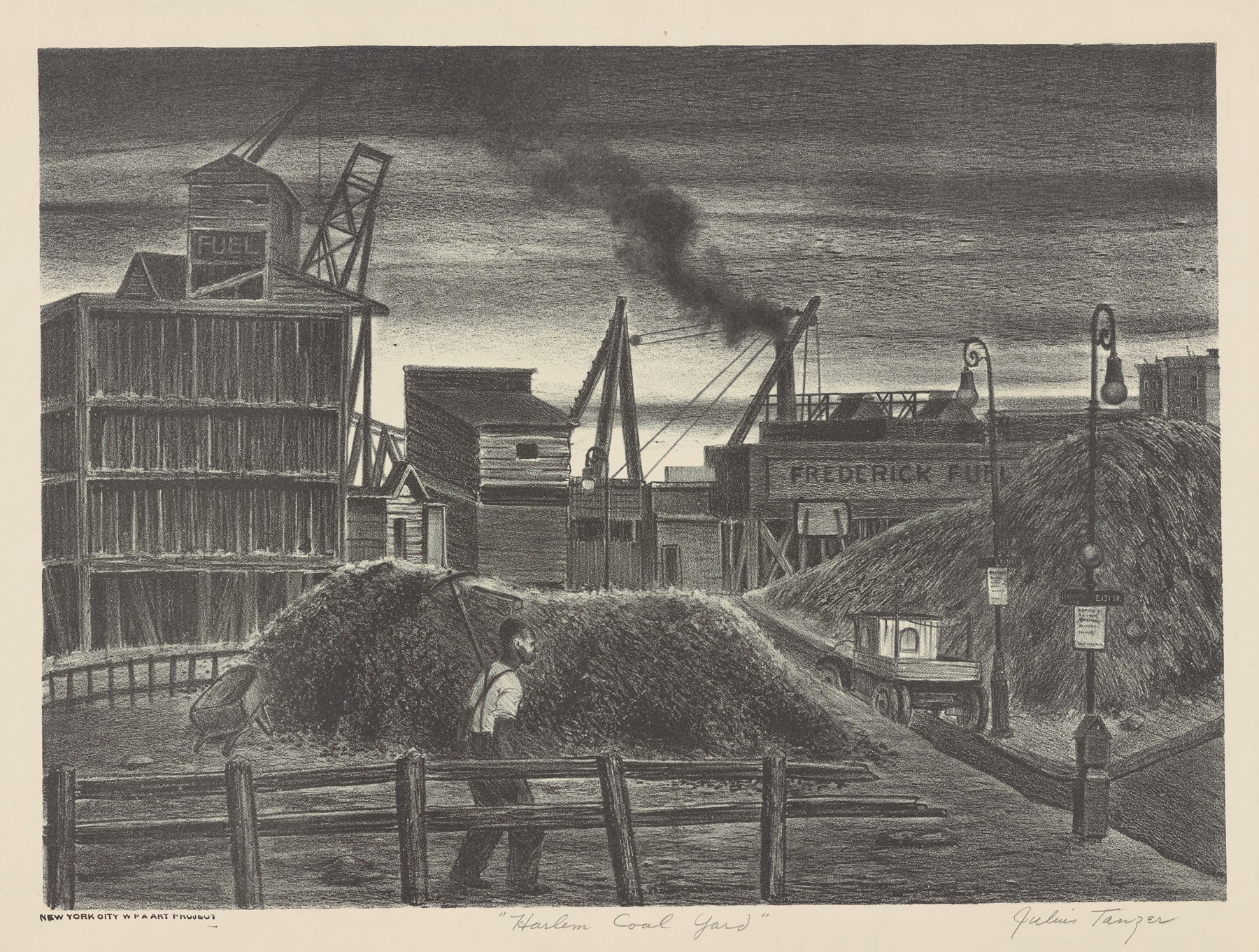 Harlem Coal Yard by Julius Tanzer, modernism, depicting coal piles and buildings