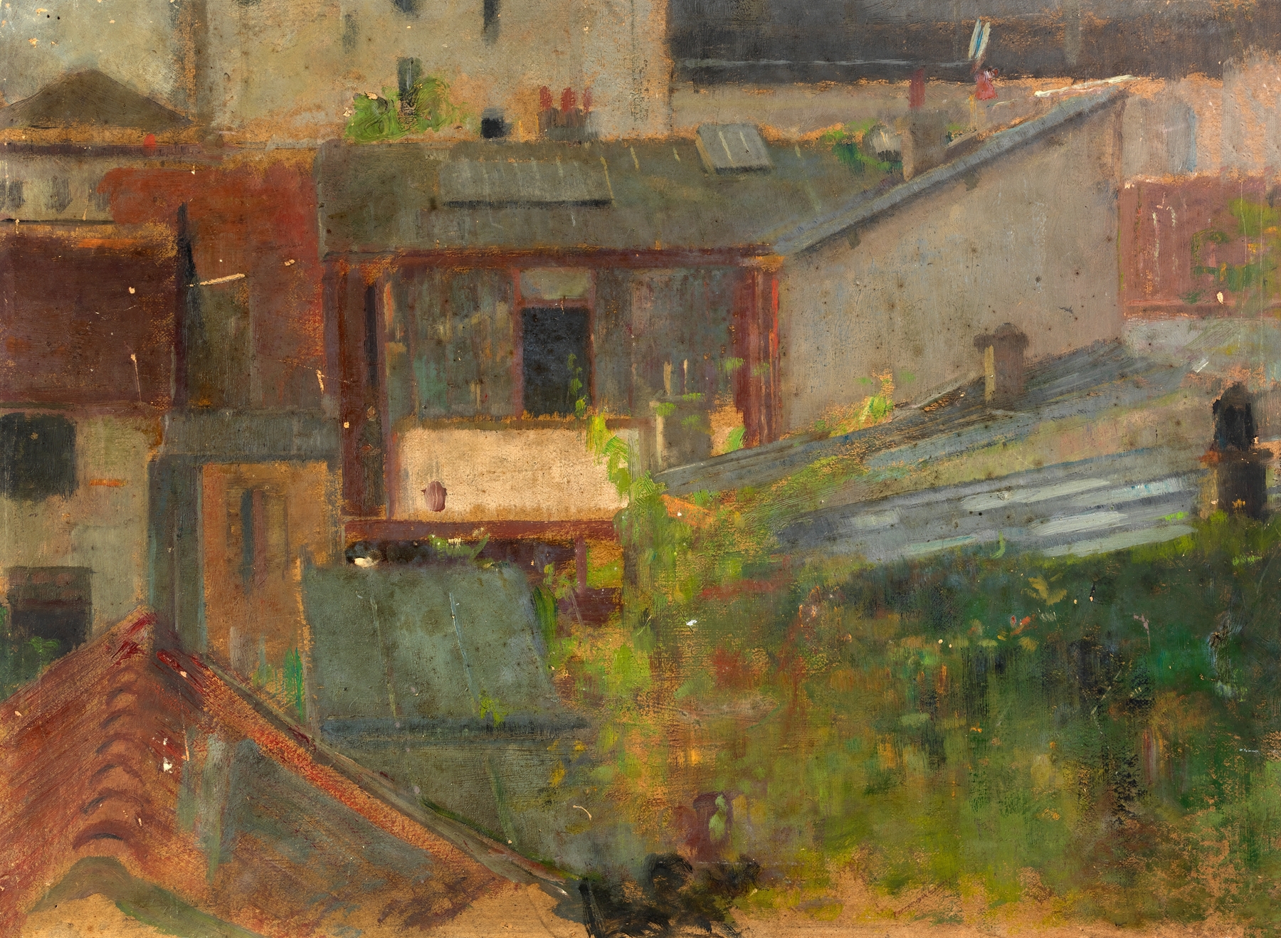 Rooftops by Alice Pike Barney, oil on canvas showing quaint rooftops under a pastel sky.