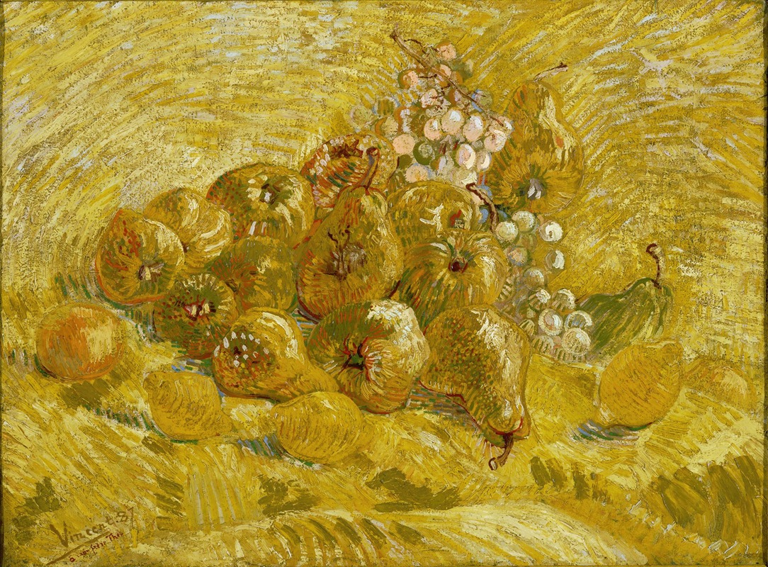 A still life painting featuring quinces, lemons, pears, and grapes by Vincent van Gogh.