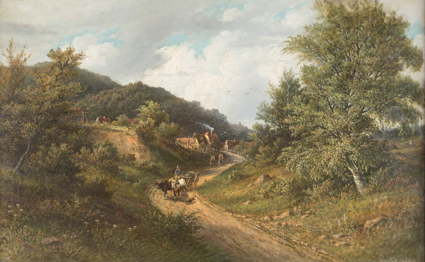 Bustling country road in summer, oil on canvas by Jacob Hoffmann, featuring lush countryside and distant hills.