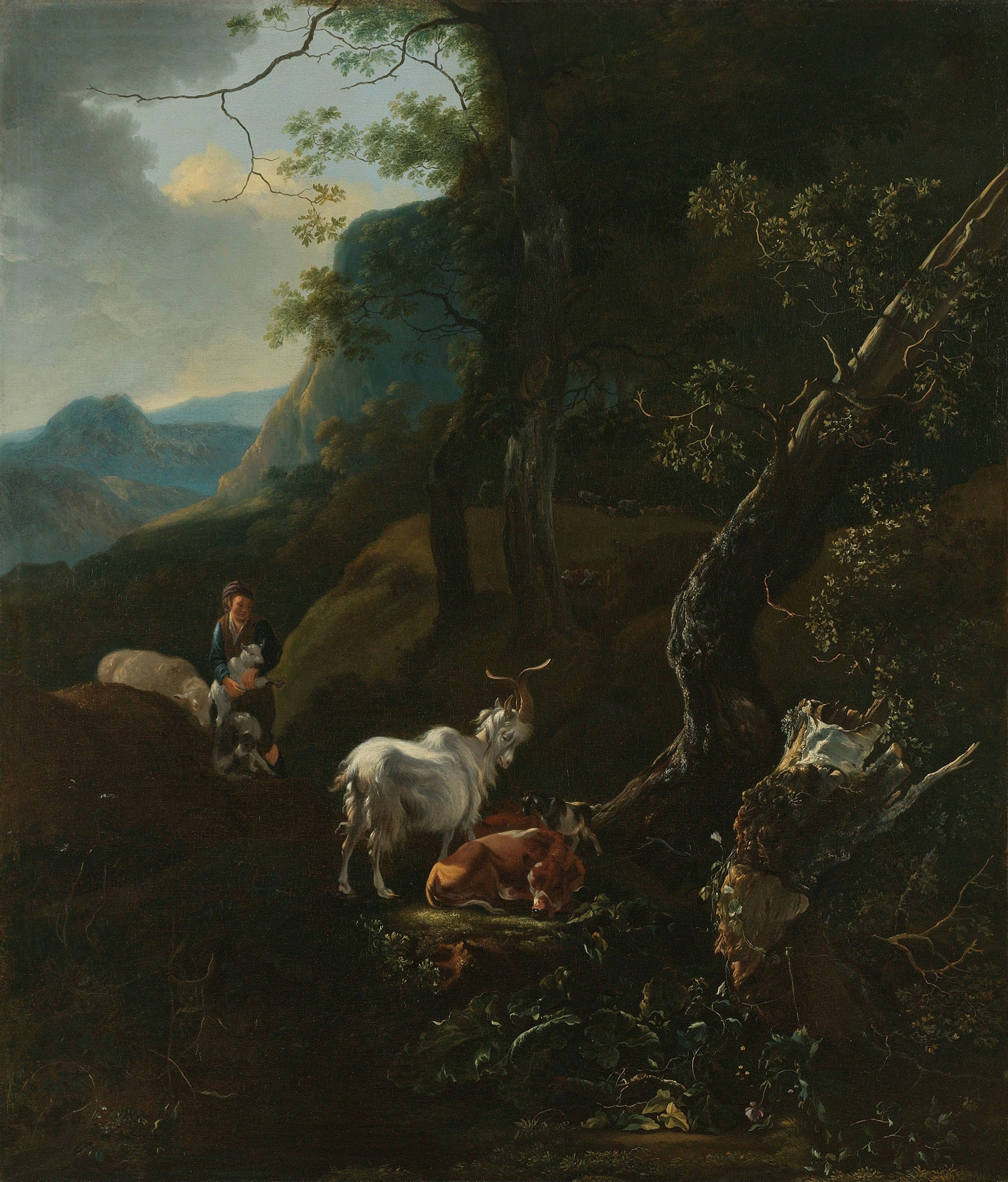 A shepherdess with animals in a mountainous landscape, oil on canvas by Adam Pynacker.