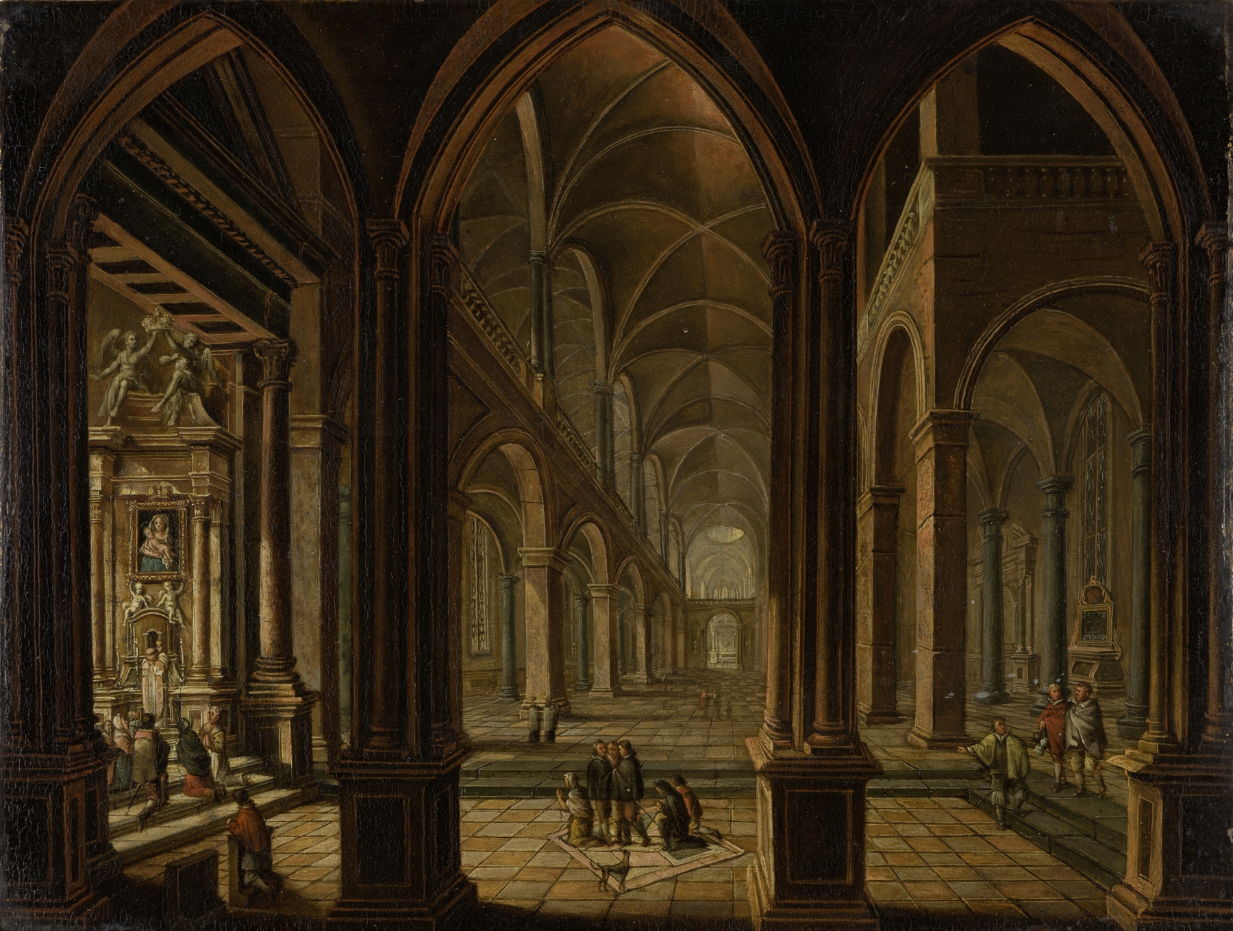 Church Interior by Christian Stöcklin, oil on canvas, featuring stained glass and architectural details.