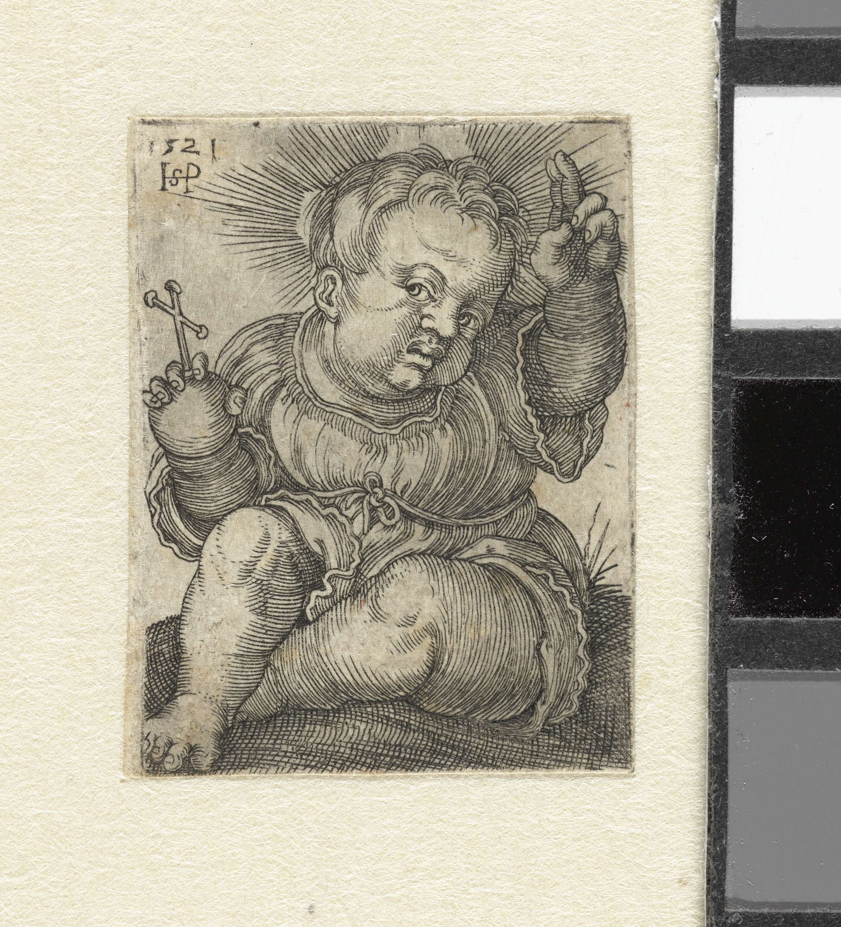Christuskind met rijksappel maakt zegenend gebaar, by Hans Sebald Beham, public domain
