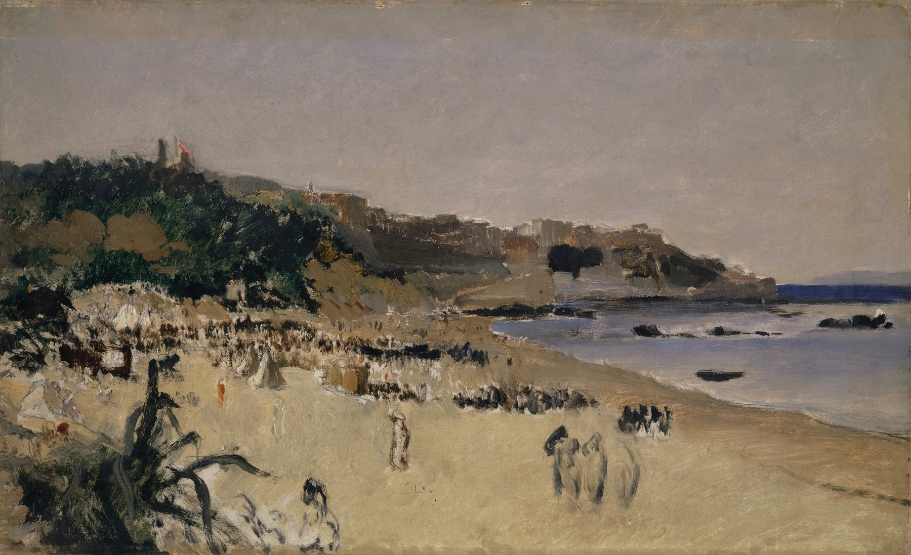 On the Beach at Tangier by Frank Buchser, oil painting depicting figures by the sea