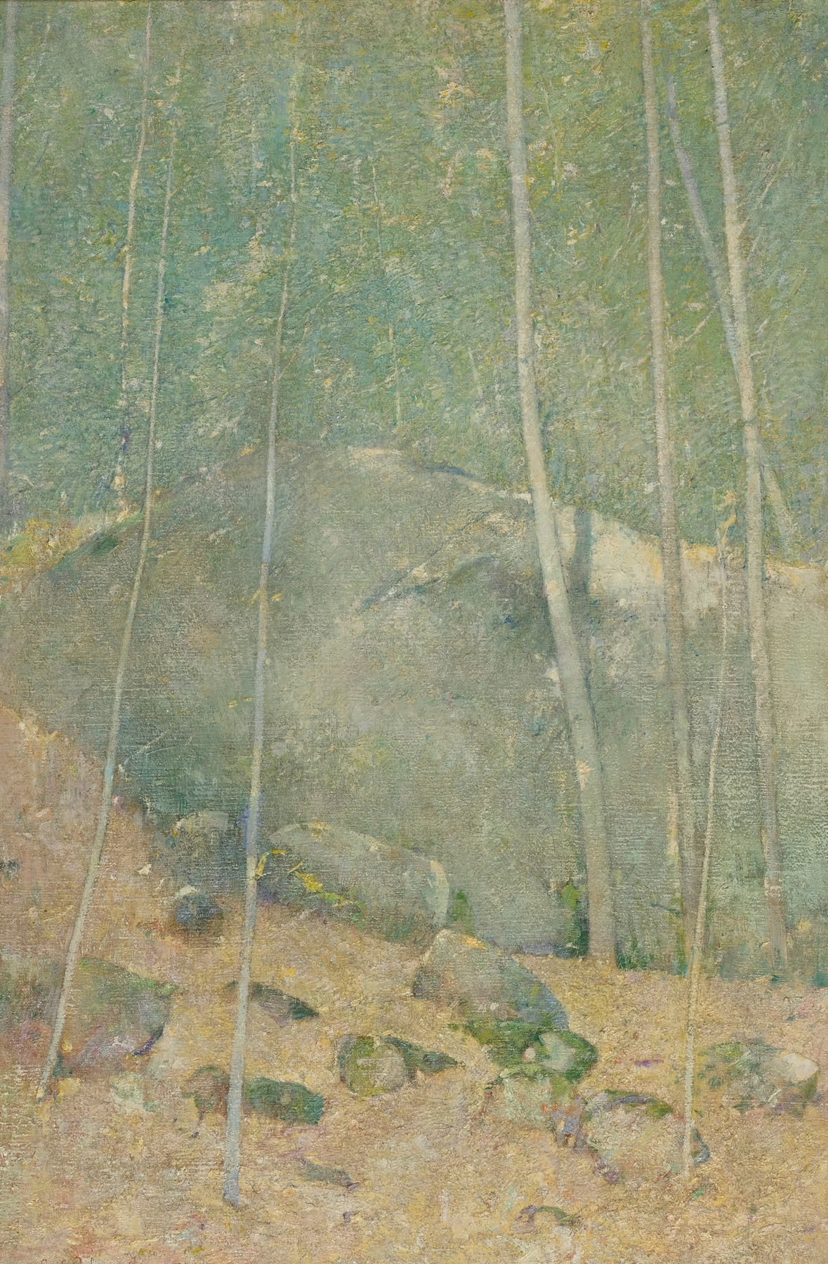 Oil painting by Emil Carlsen depicting a serene forest with soft blue sky.