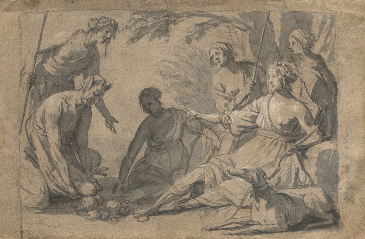 A painting depicting Diana and nymphs receiving gifts from a satyr.