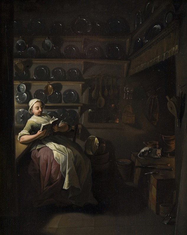 A girl reading in a cozy kitchen interior by Jens Juel.