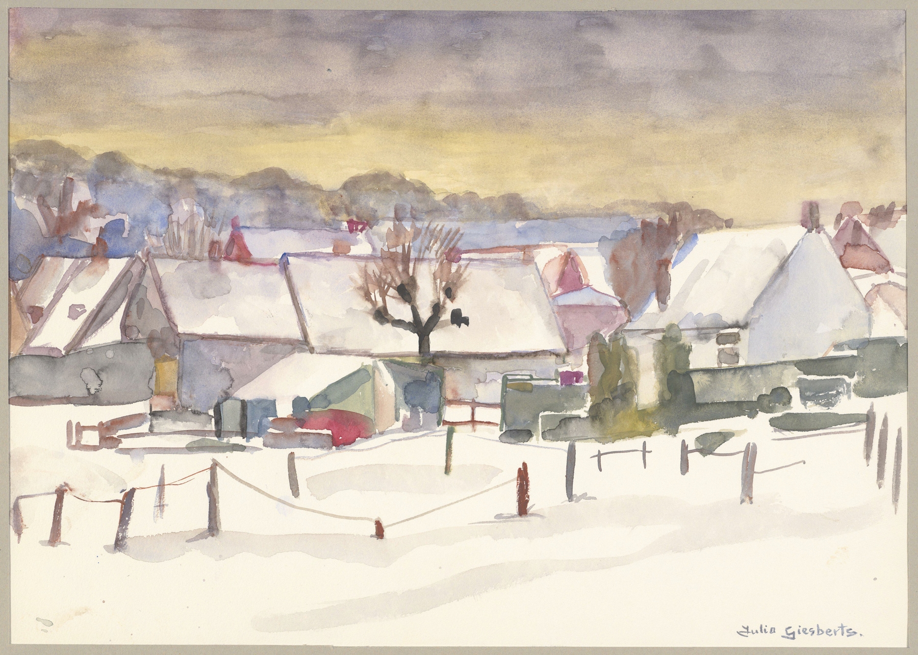 Ethereal landscape by Julia Giesberts, depicting a village in snow, Romanticism style