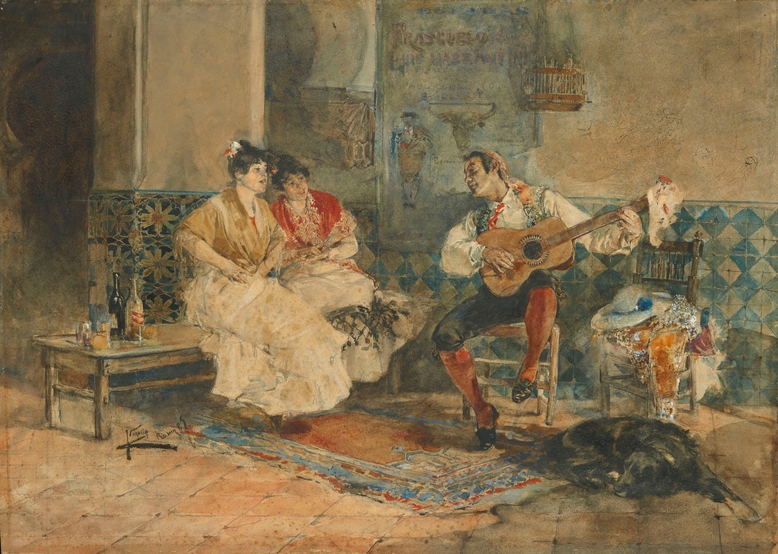 A serene scene of two women listening to a guitarist in an interior setting.