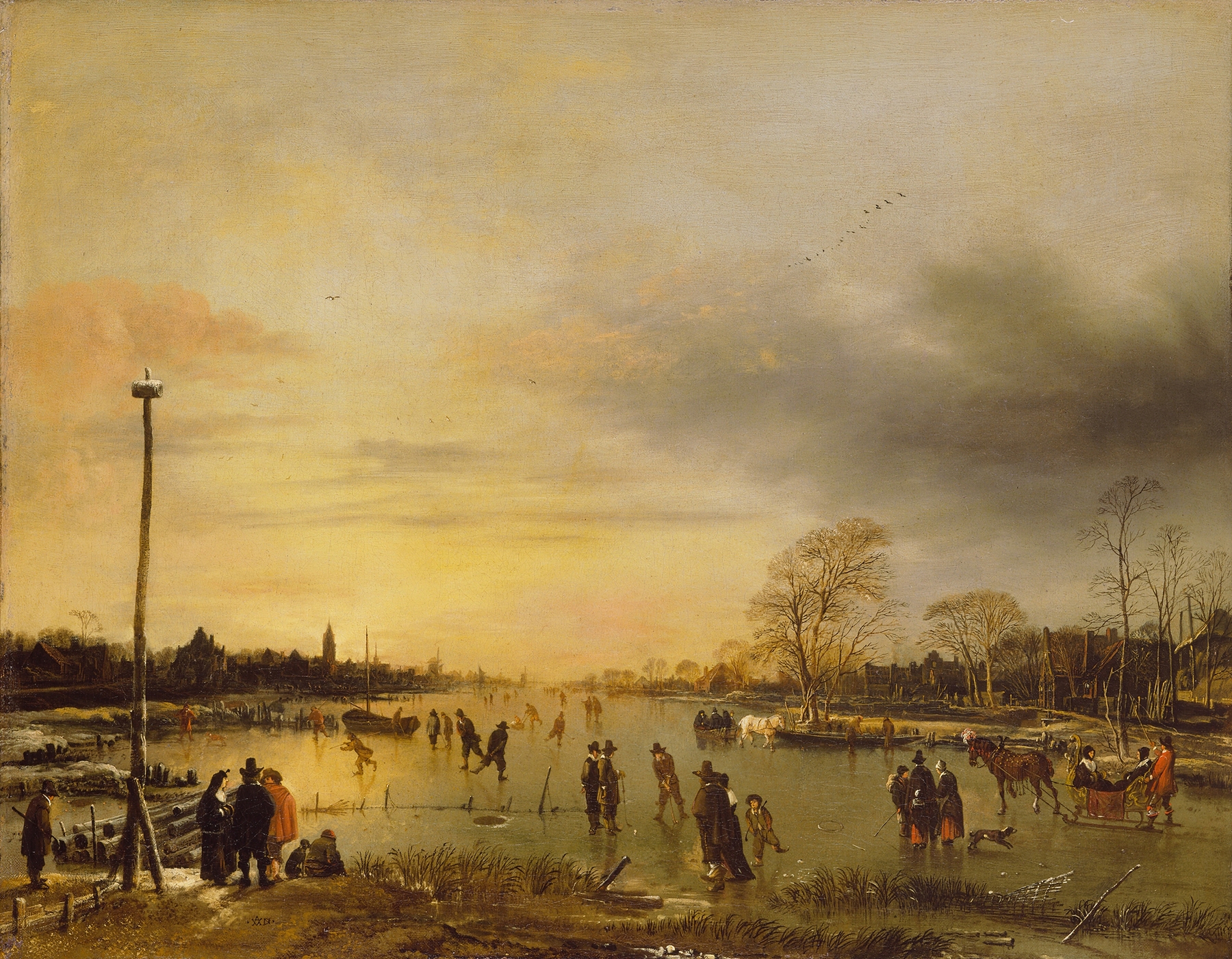 A skating scene in winter, oil on canvas by Aert van der Neer