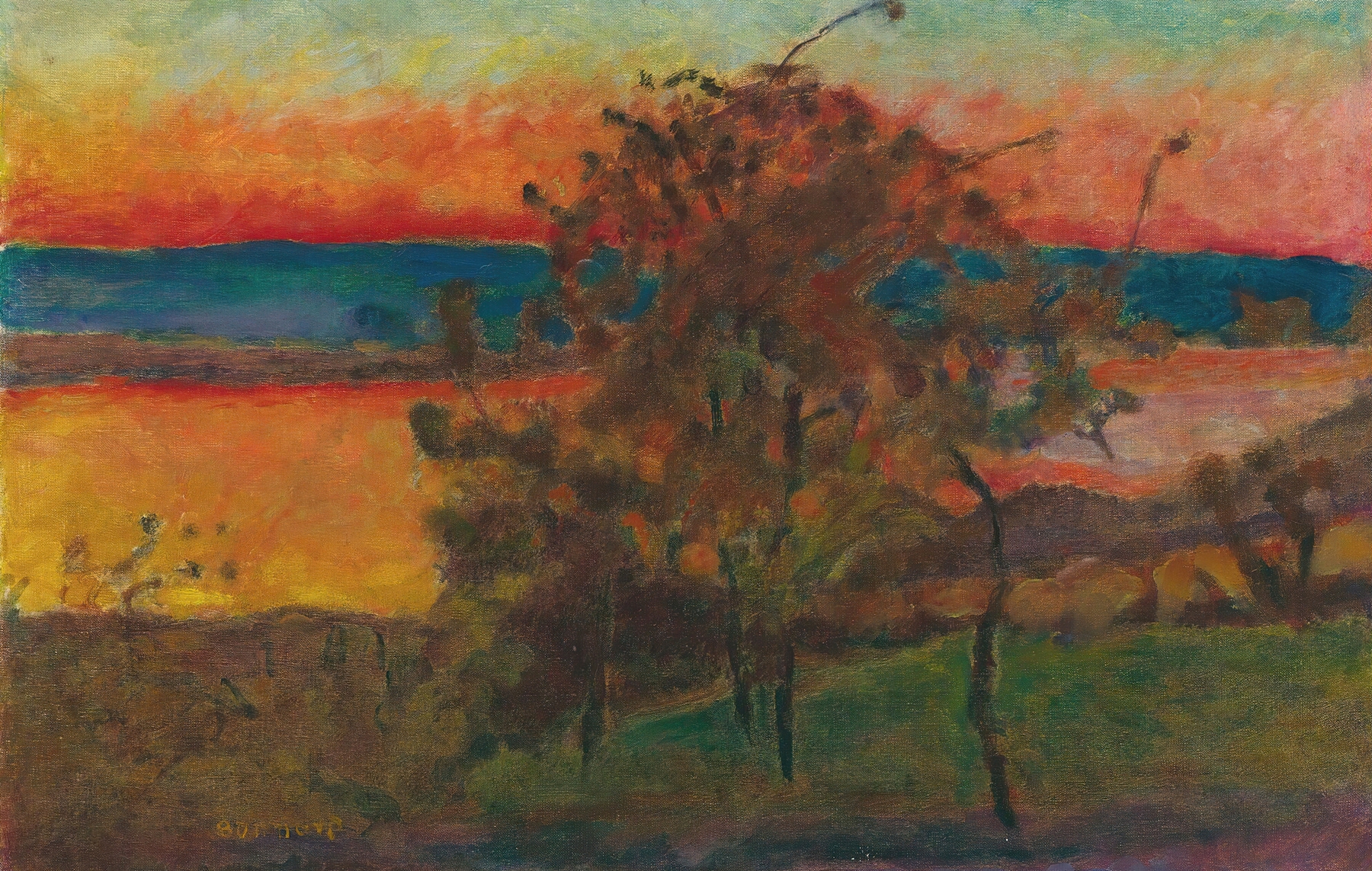 Soleil Couchant by Pierre Bonnard, oil on canvas depicting a vibrant sunset over a landscape.