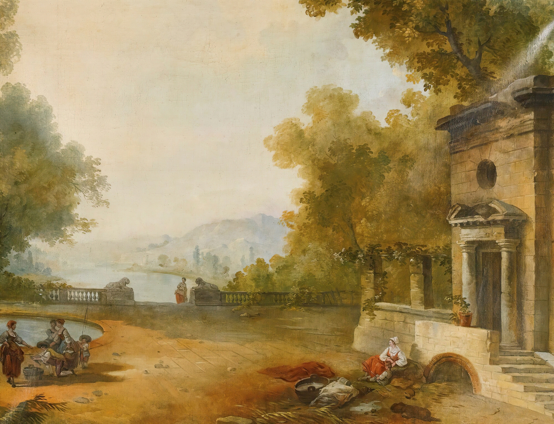 Figures on a terrace overlooking a large lake, oil painting by Follower of Hubert Robert