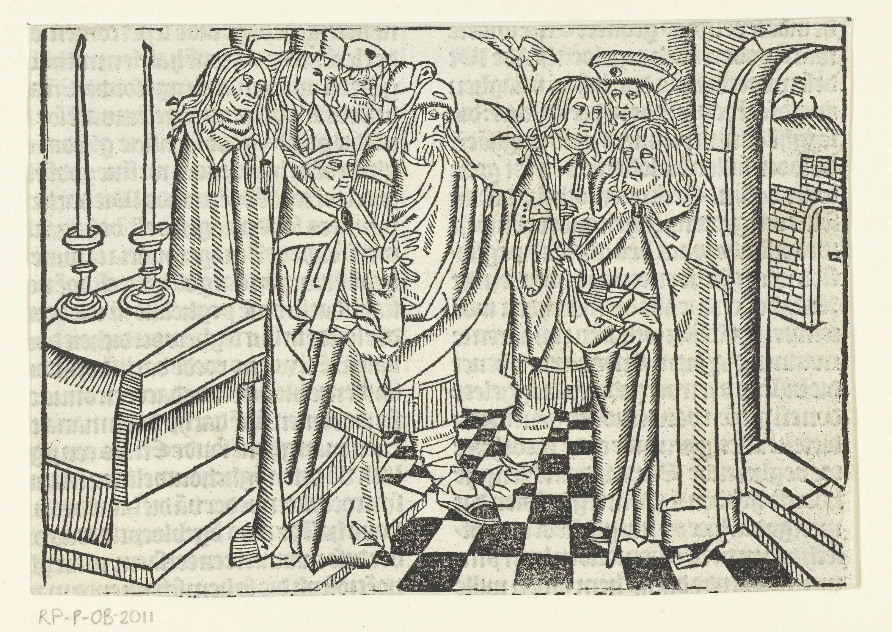 De bloeiende staf van Jozef, paper by Master of Delft, features a blossoming staff with vibrant flowers.