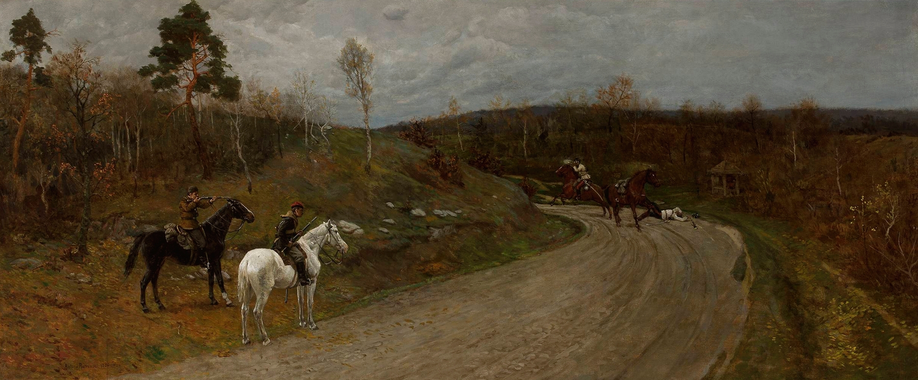 Historical scene with a figure in shadows, oil painting by Antoni Piotrowski