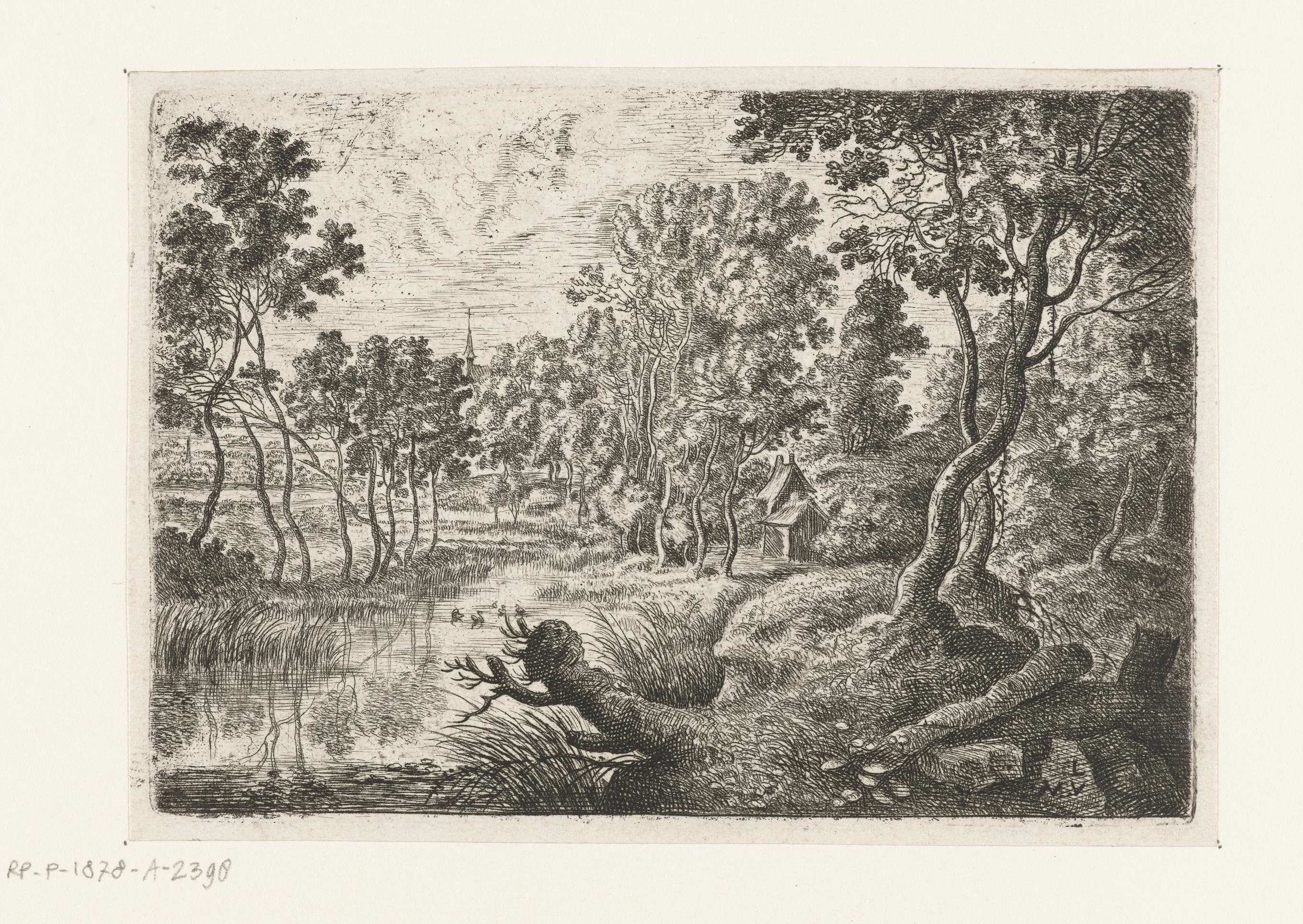 Etching by Lucas van Uden depicting a brook and lush greenery