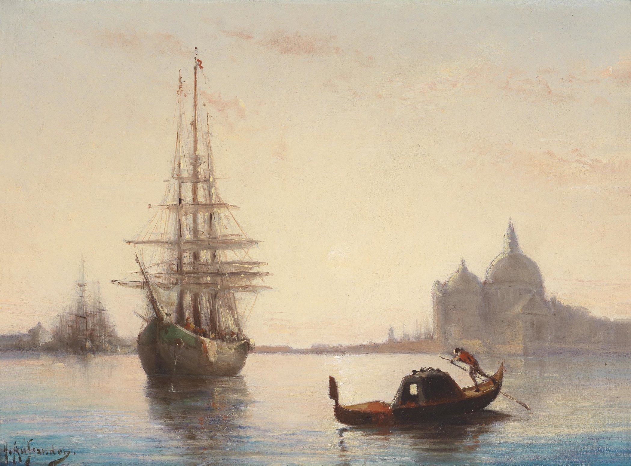 Venice oil painting by Joseph Hippolyte Aussandon depicting a tranquil canal with reflections and shimmering light.