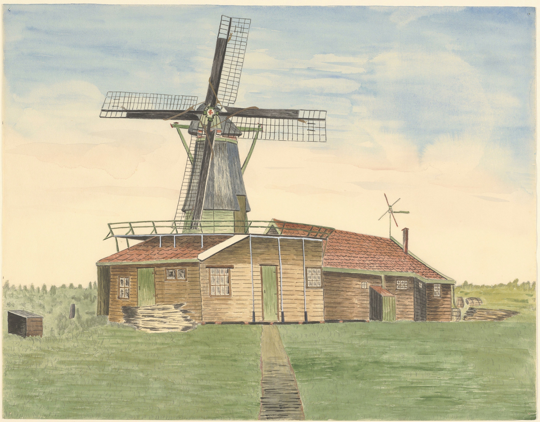 Landscape oil painting of a sawmill by Johannes Nicolaas Eijman