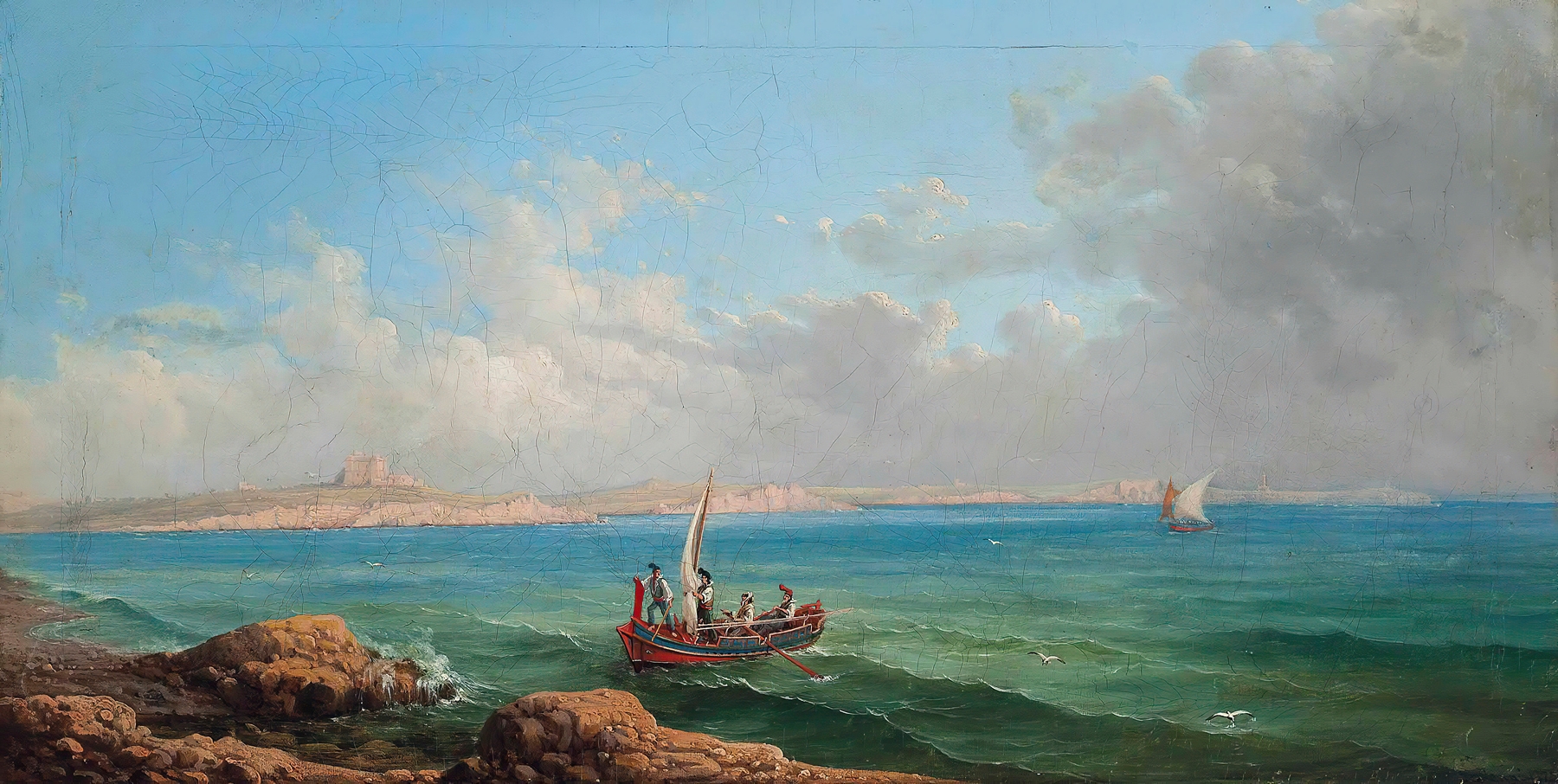 Marine scene depicting the sea approach to Marsa Scirocco, oil on canvas by Girolamo Gianni