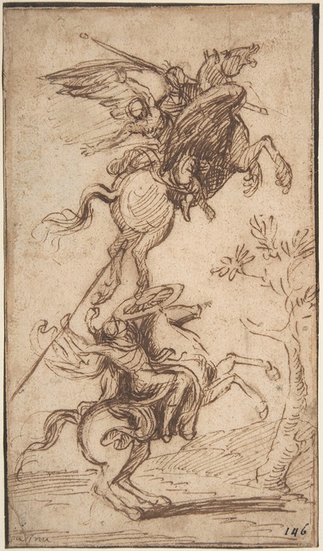 A dramatic scene depicting the sorcerer Atlante abducting Pinabello's lady.