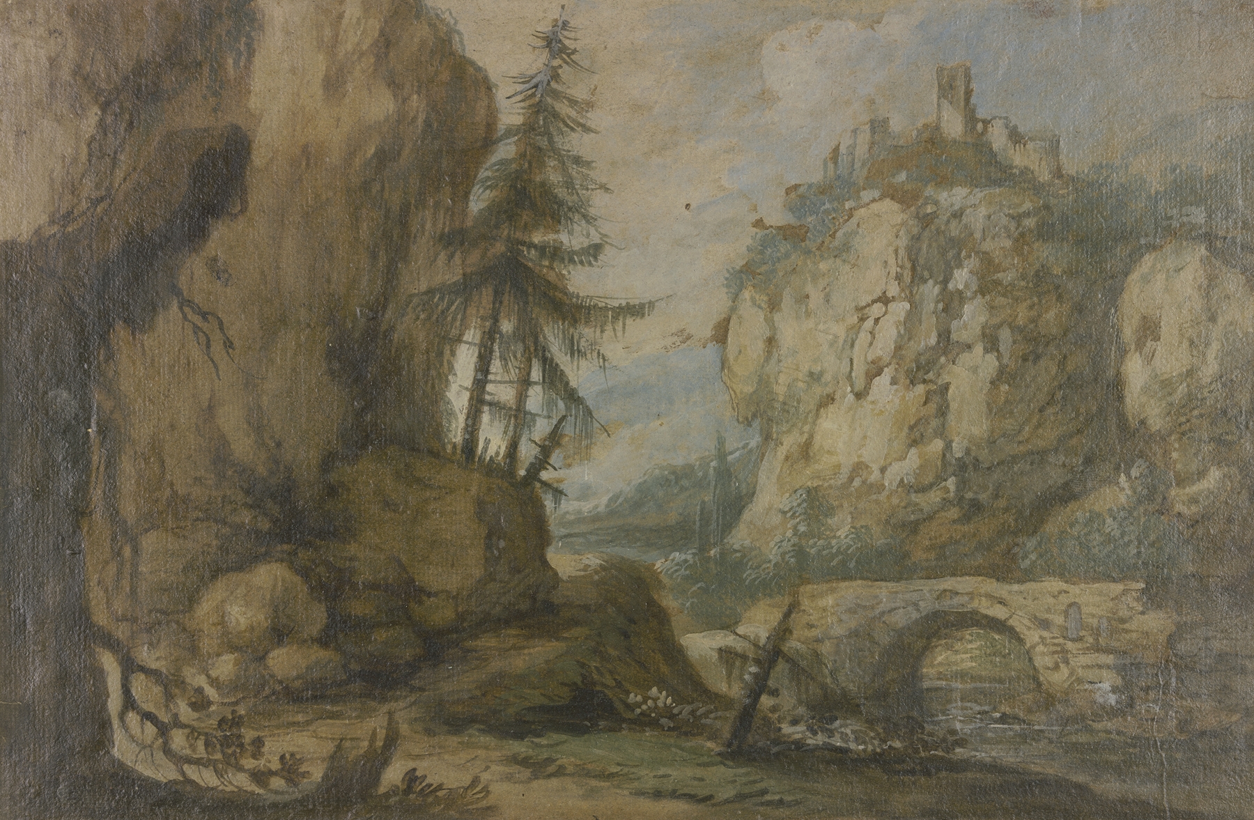 Links hohe Felsen mit Tannen, rechts auf hohen Felsen eine Burg, über dem Bach eine steinerne Brücke, by Allaert van Everdingen, public domain
