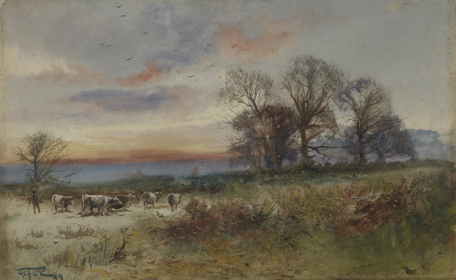 Landscape with golden light and rolling hills, oil on canvas by Sir William Fox