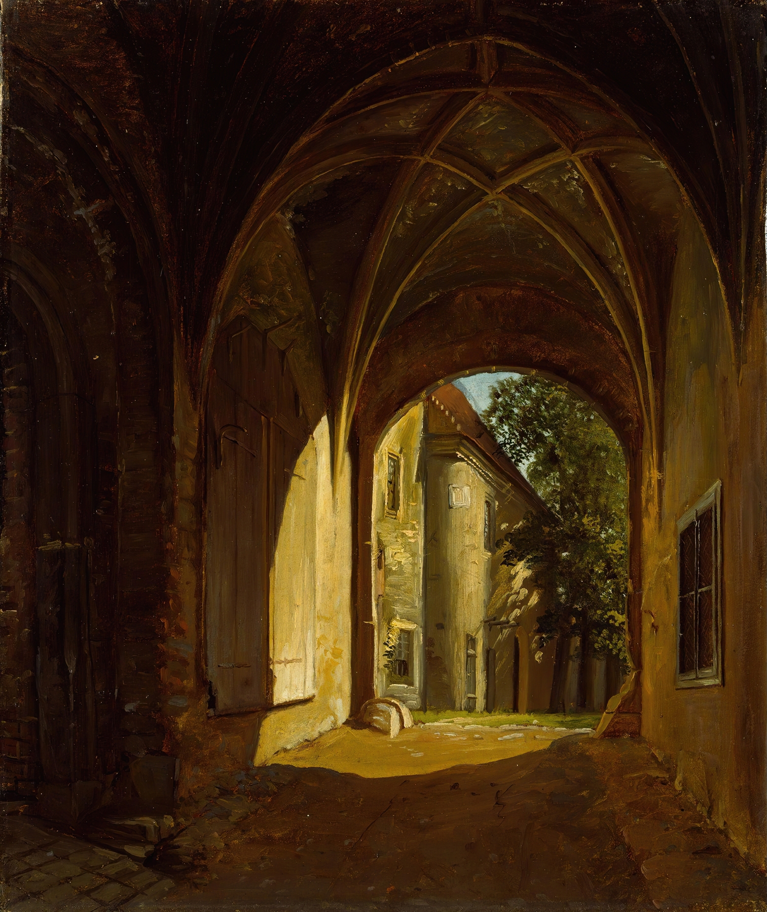 Interior view of a vaulted hall in Scharfenberg Castle, oil on canvas by Thomas Fearnley