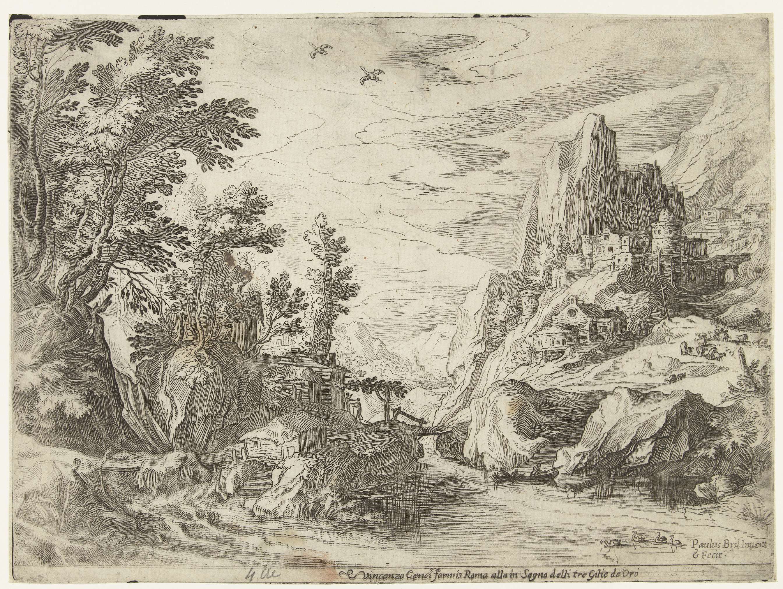 Rivierlandschap in Campania met stad op rotsen, by Paul Bril, public domain