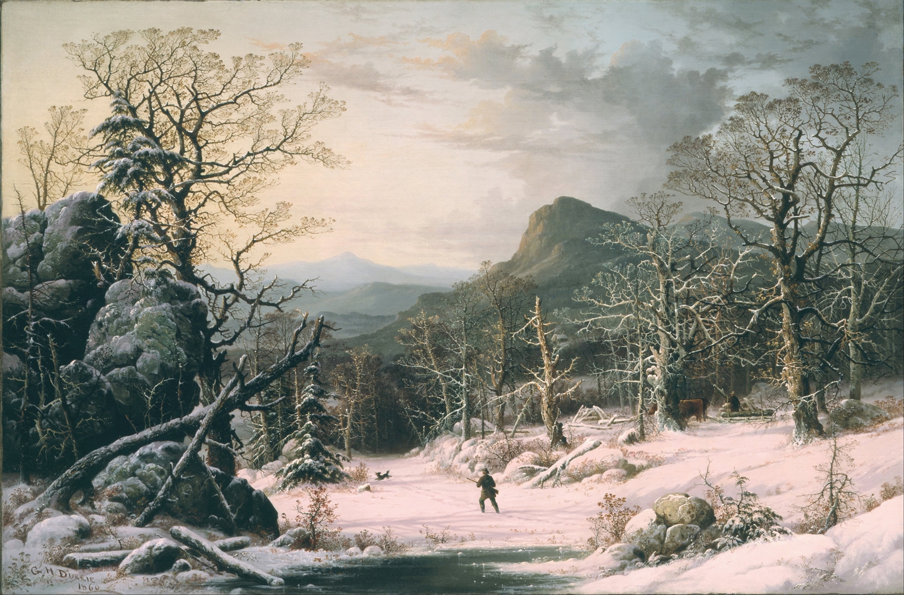 Hunter in Winter Wood by George Henry Durrie, oil painting of a hunter in a snowy forest.
