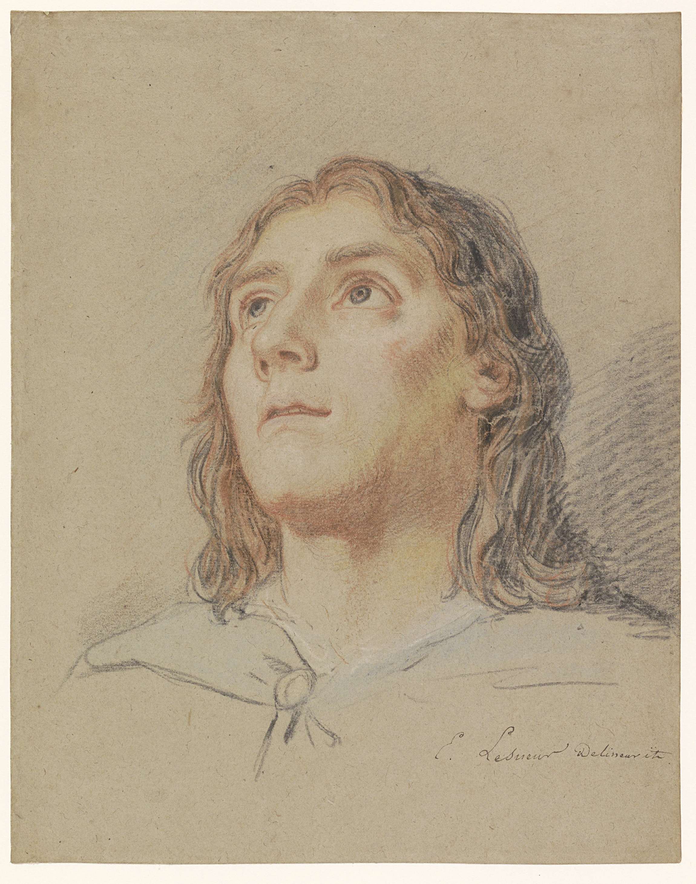 Portrait of a young man with long hair, paper artwork by Eustache Lesueur
