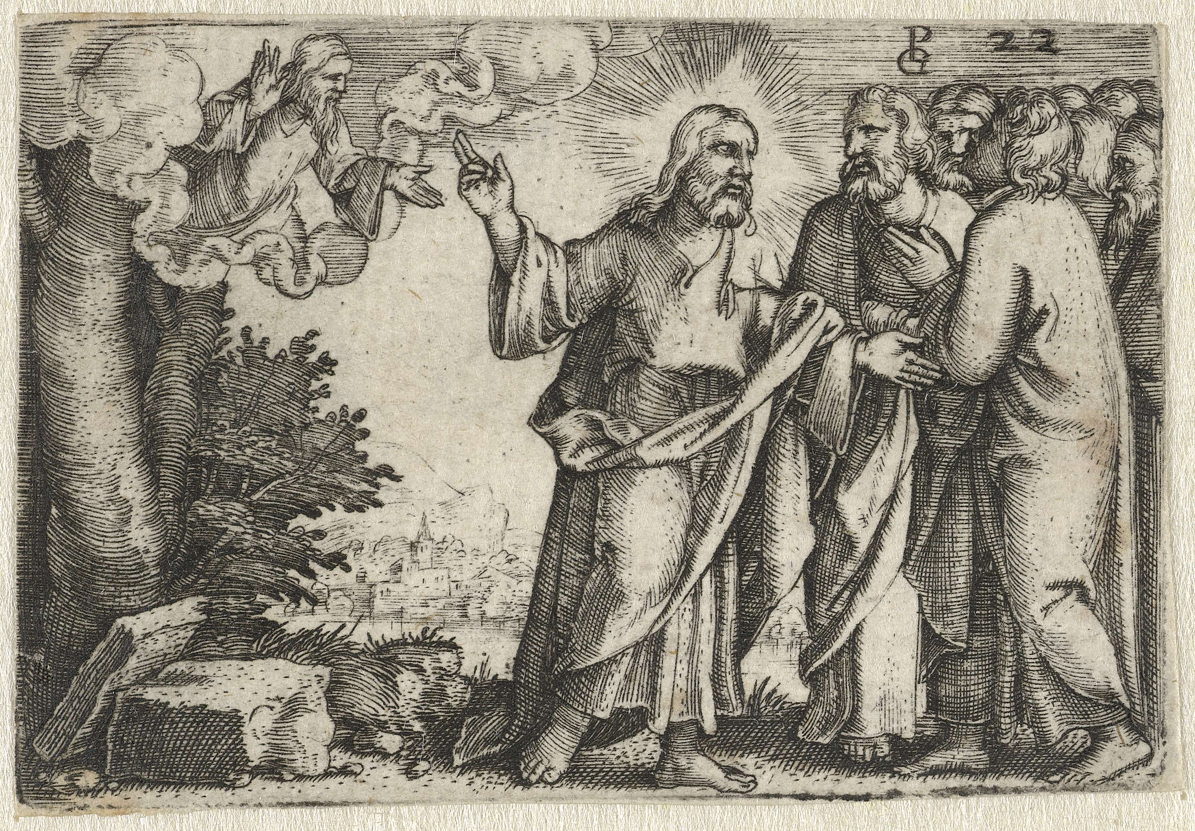 Engraving by Georg Pencz depicting Christ with disciples in divine revelation