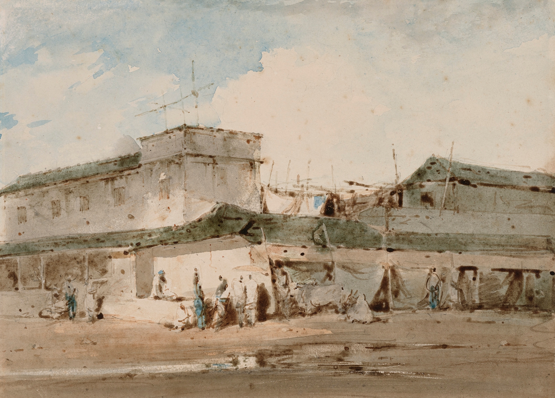 Genre scene of a bustling market in Madras by George Chinnery, oil on canvas