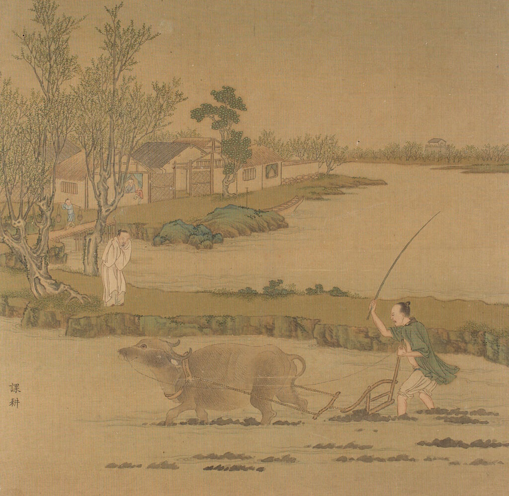 Decorative art on silk by Qiu Ying, featuring rice and silk culture.