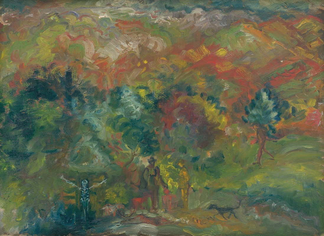 A striking allegorical painting depicting hunters confronting death.