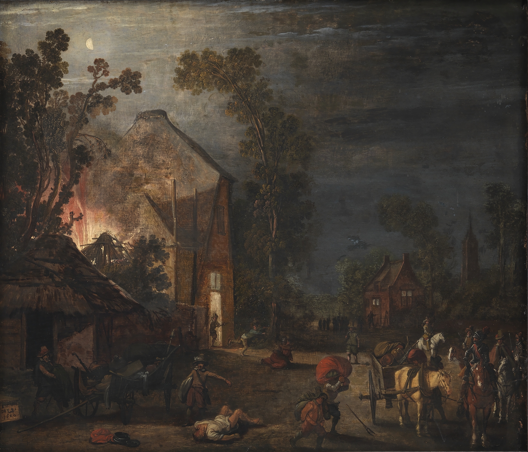 A Village Looted at Night, oil painting by Esaias van de Velde, depicting a village under moonlight.