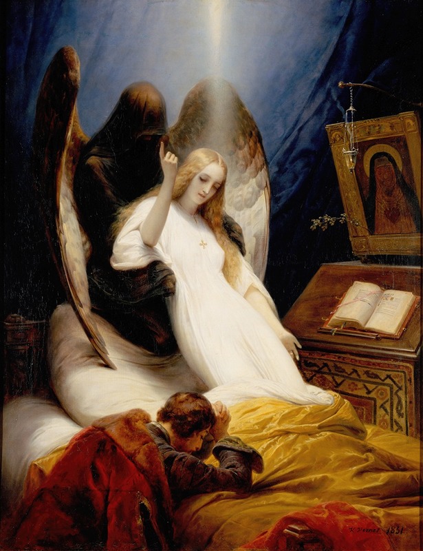 Horace Vernet's 'Angel of the Death' captures a dramatic moment in a mythological setting.