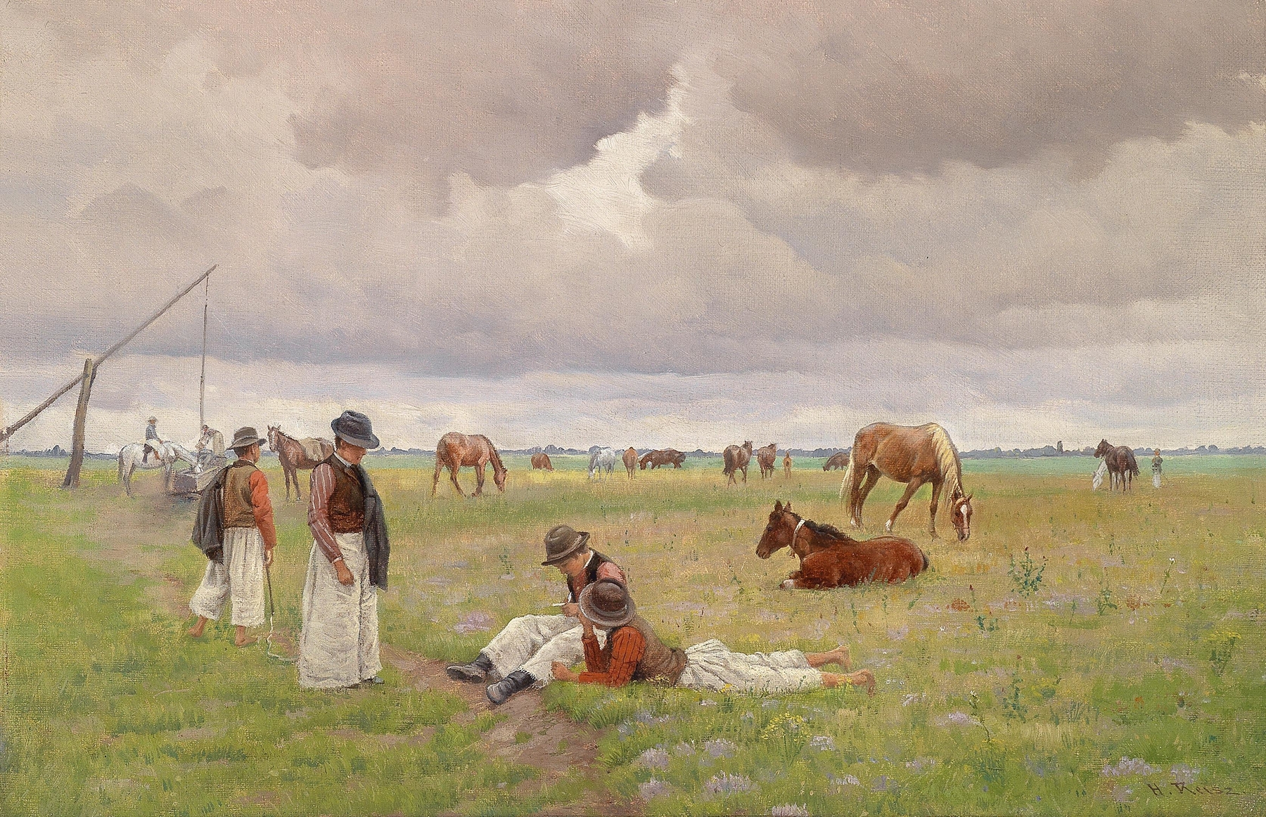 Junge Hirten in der Puszta by Hermann Reisz, oil on canvas depicting young shepherds in a twilight landscape.