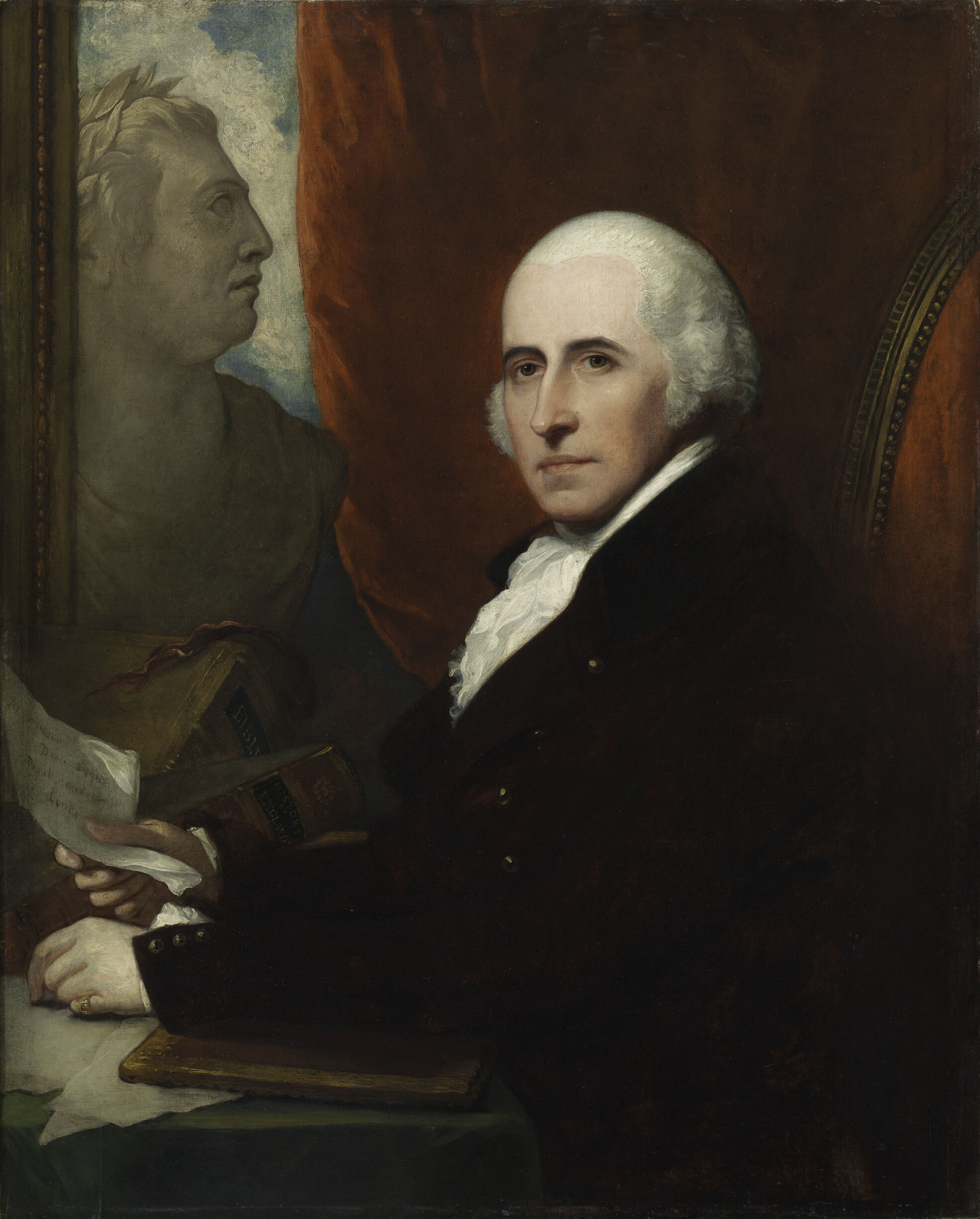 Self-Portrait by Benjamin West, wood medium, featuring an intense gaze and dark tones.