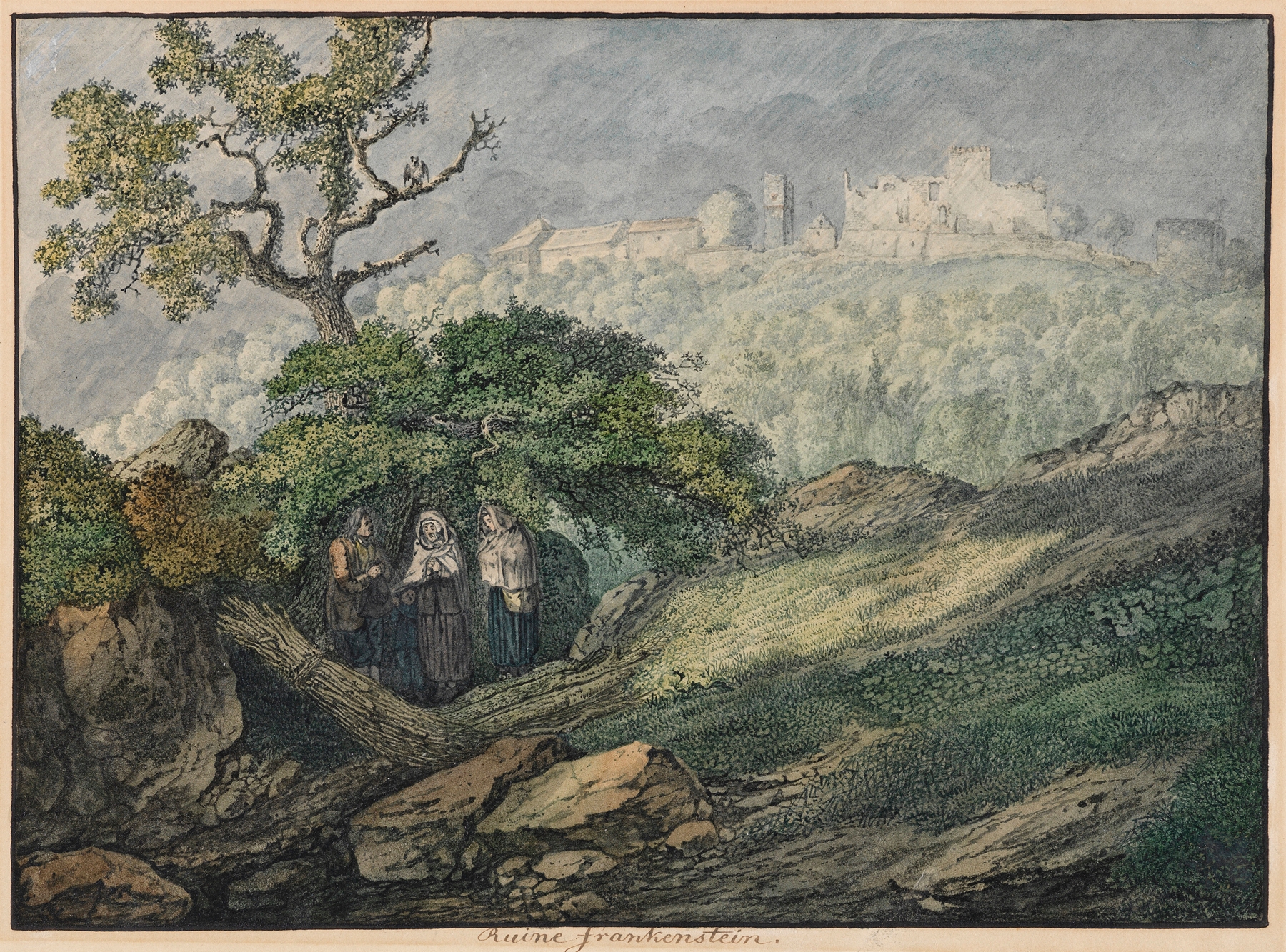 Ruine Frankenstein, Winter by Carl Philipp Fohr, watercolor on paper depicting winter landscape with castle ruins.