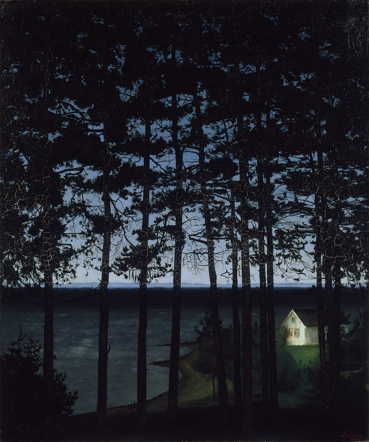Fisherman’s Cottage by Harald Sohlberg, oil painting depicting a cottage in a tranquil landscape.