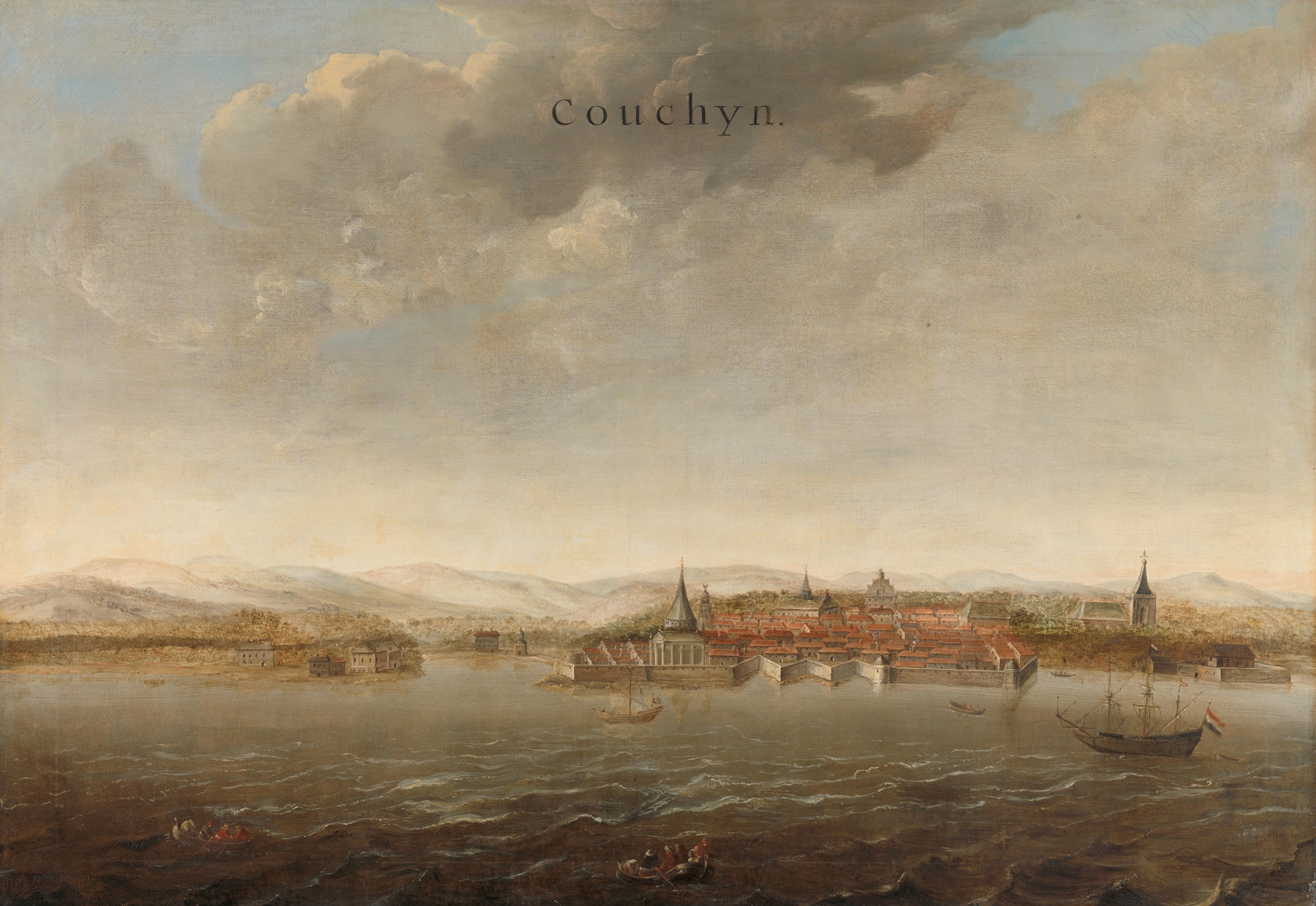 Marine scene of coastline and sunset, oil painting by Johannes Vinckboons