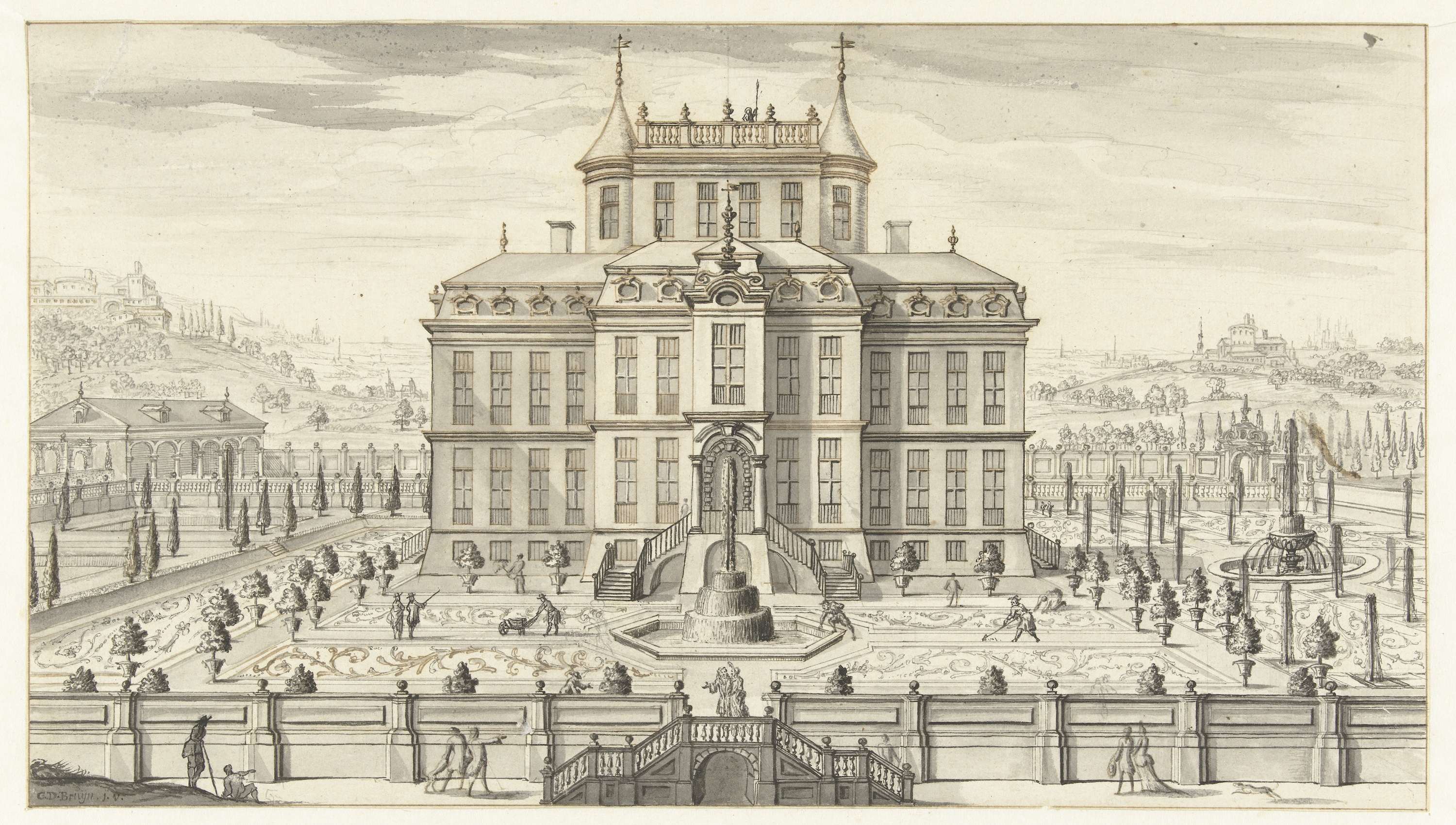 Landhuis met park by Guillaume de Bruijn, oil on canvas depicting a park with trees and a house