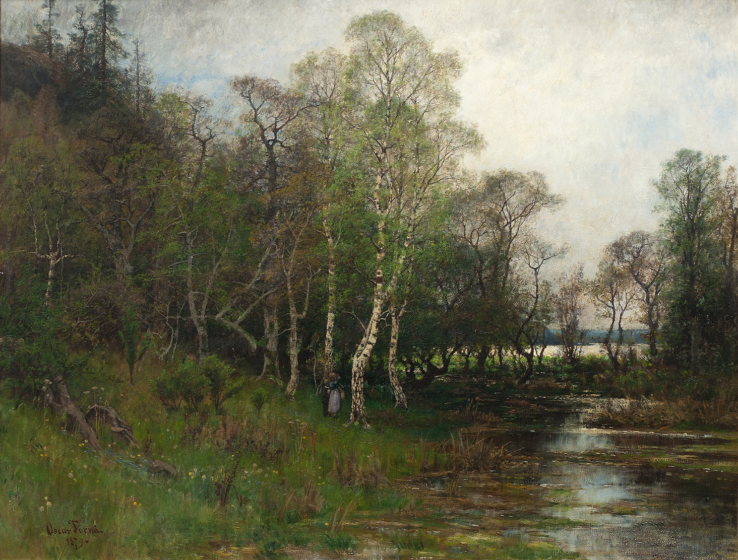 Spring landscape oil painting by Oscar Törnå, featuring a tranquil forest and vibrant hues.