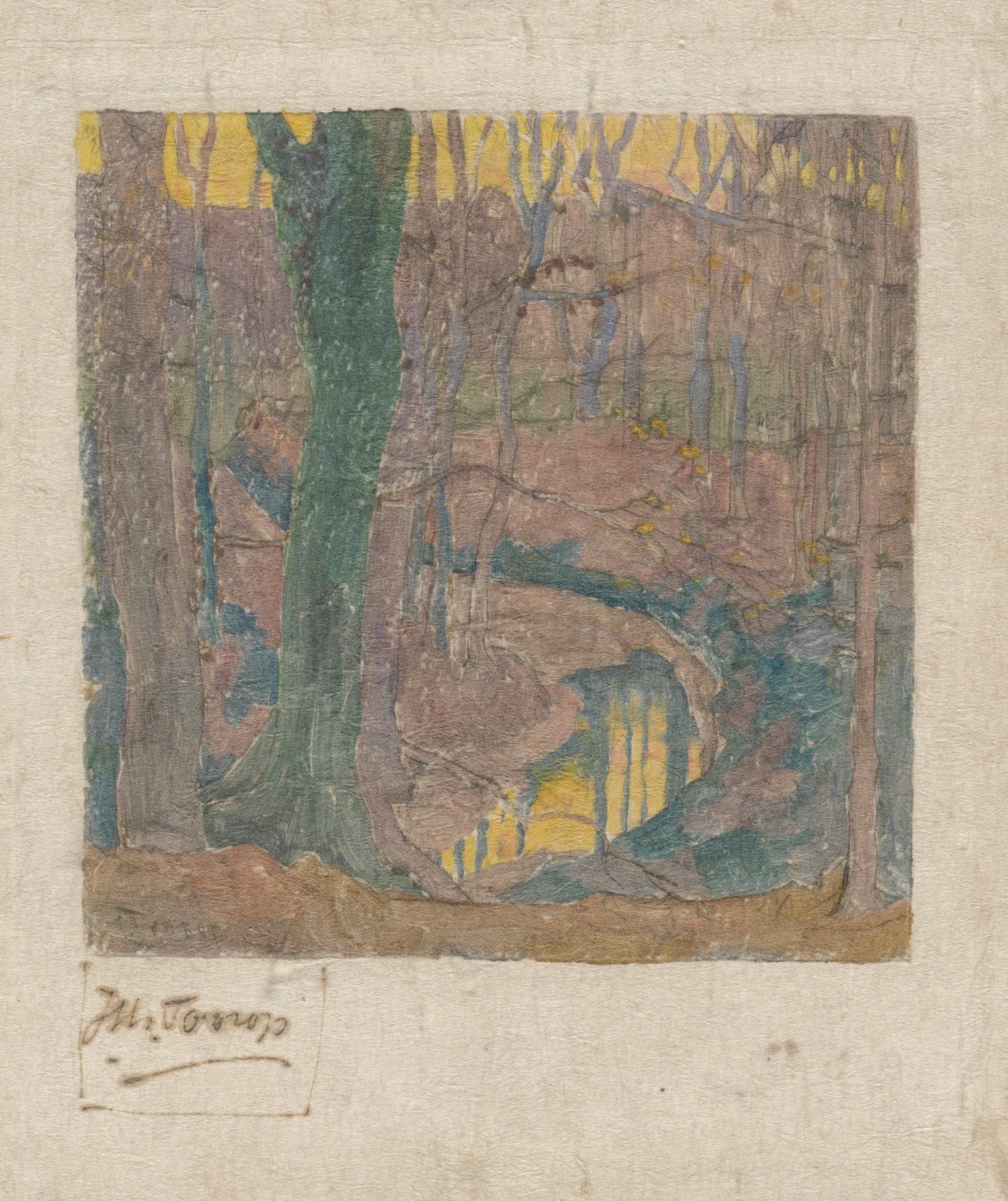 Kale beukebomen langs een beek 2 by Jan Toorop, oil painting of bare beech trees along a river.