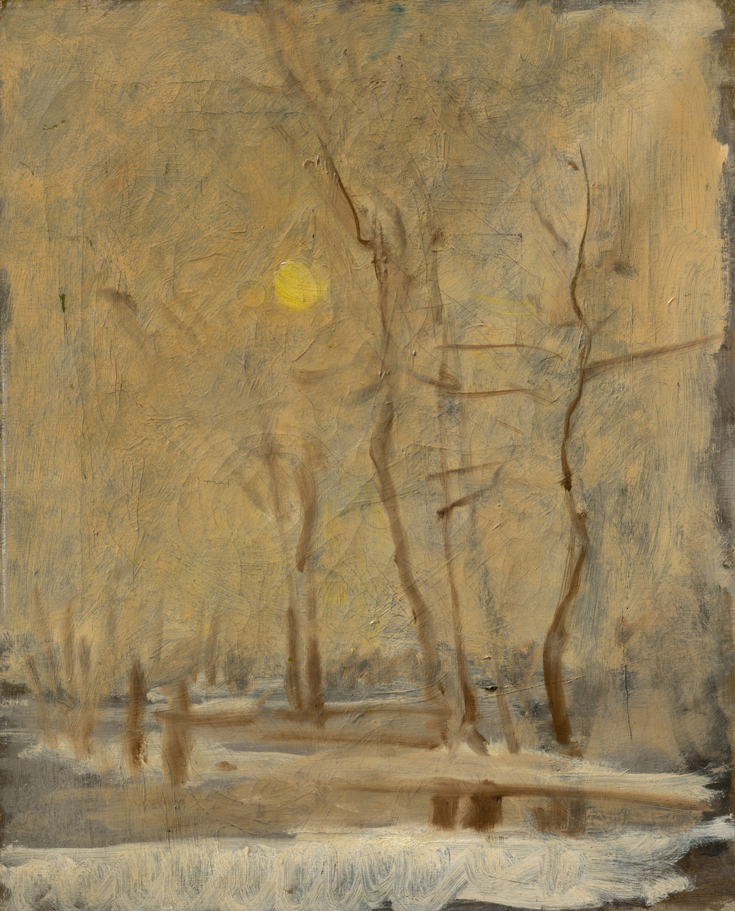 Winter landscape with a brook, oil on canvas by Ladislav Mednyánszky