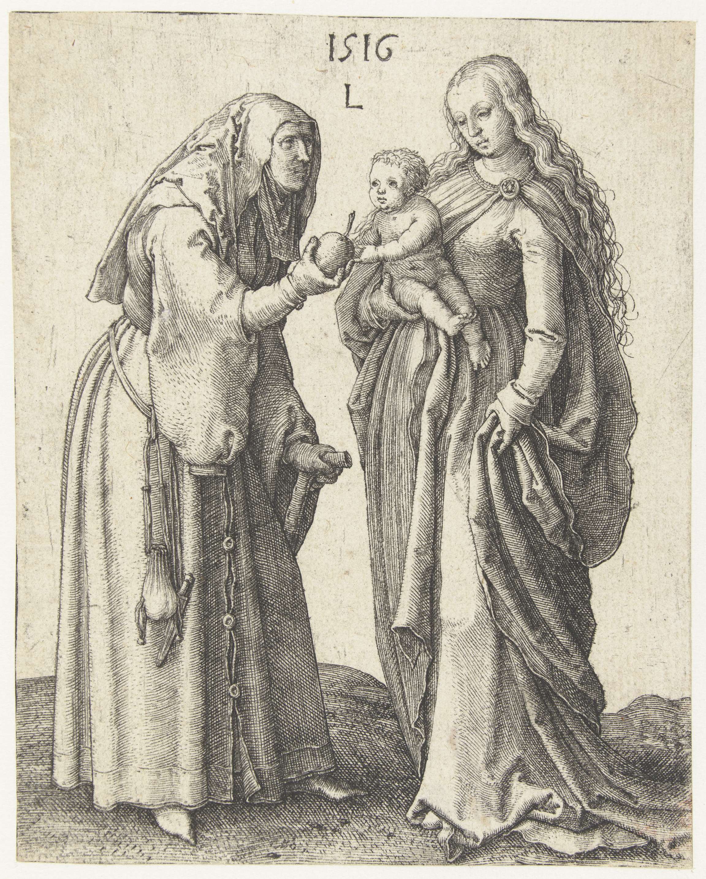 Engraving by Lucas van Leyden depicting Maria met kind en de heilige Anna with serene expressions.