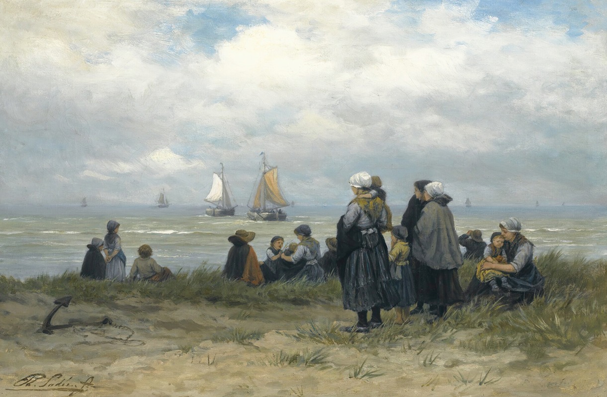 A depiction of a fishing fleet setting sail, showcasing detailed figures and vibrant colors.